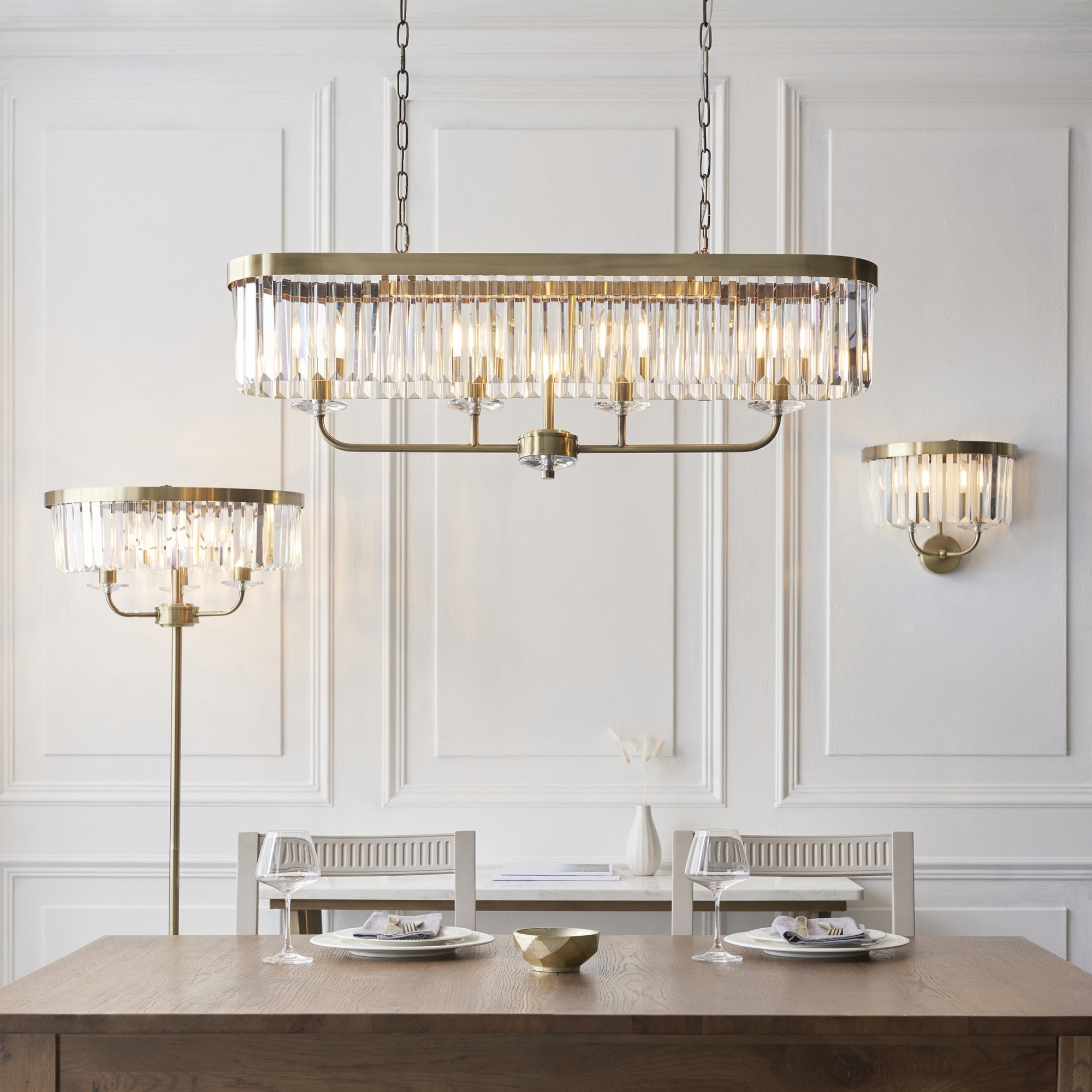 Utopia Martini 4 Light Linear Ceiling Pendant - Antique Brass & Clear Cut Glass