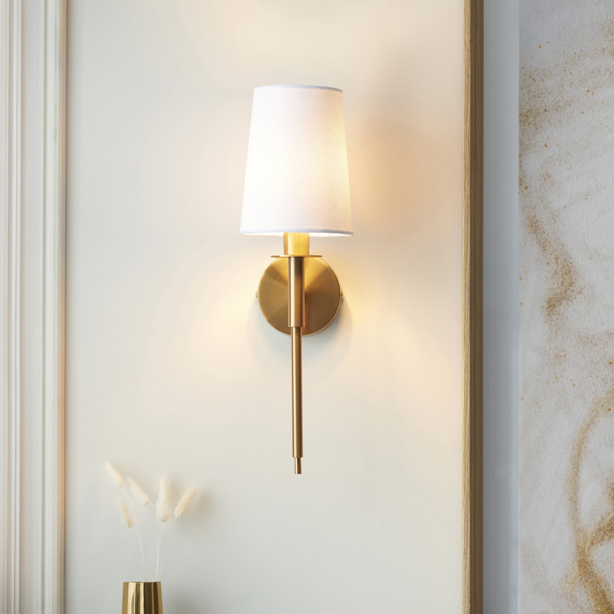 Utopia Elegant Single Wall Light - Vintage Brass & White Fabric Shade
