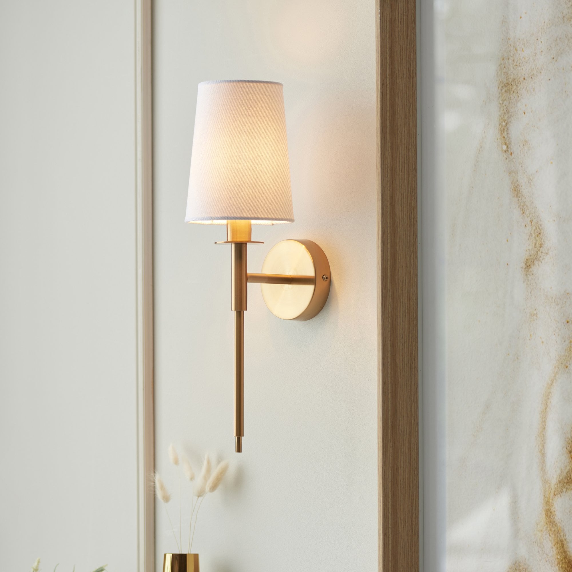 Utopia Elegant Single Wall Light - Vintage Brass & White Fabric Shade