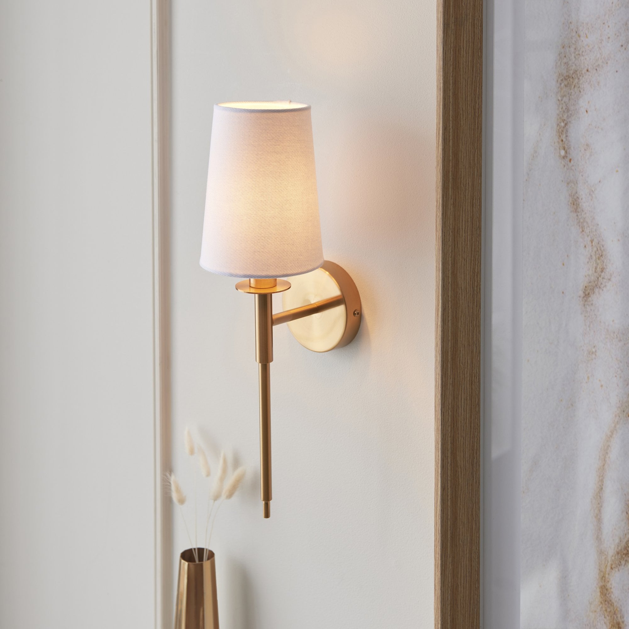 Utopia Elegant Single Wall Light - Vintage Brass & White Fabric Shade