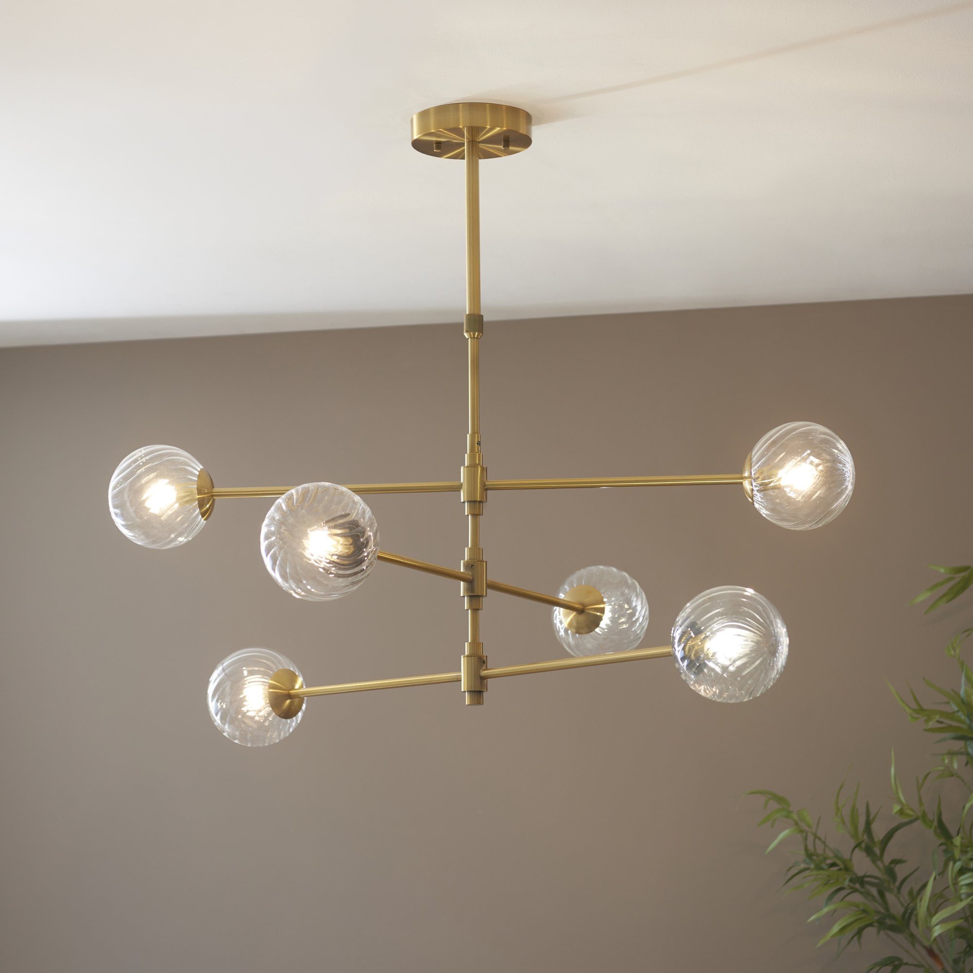 Utopia Atomic 6 Light Pendant - Brushed Aged Brass & Twisted Clear Glass