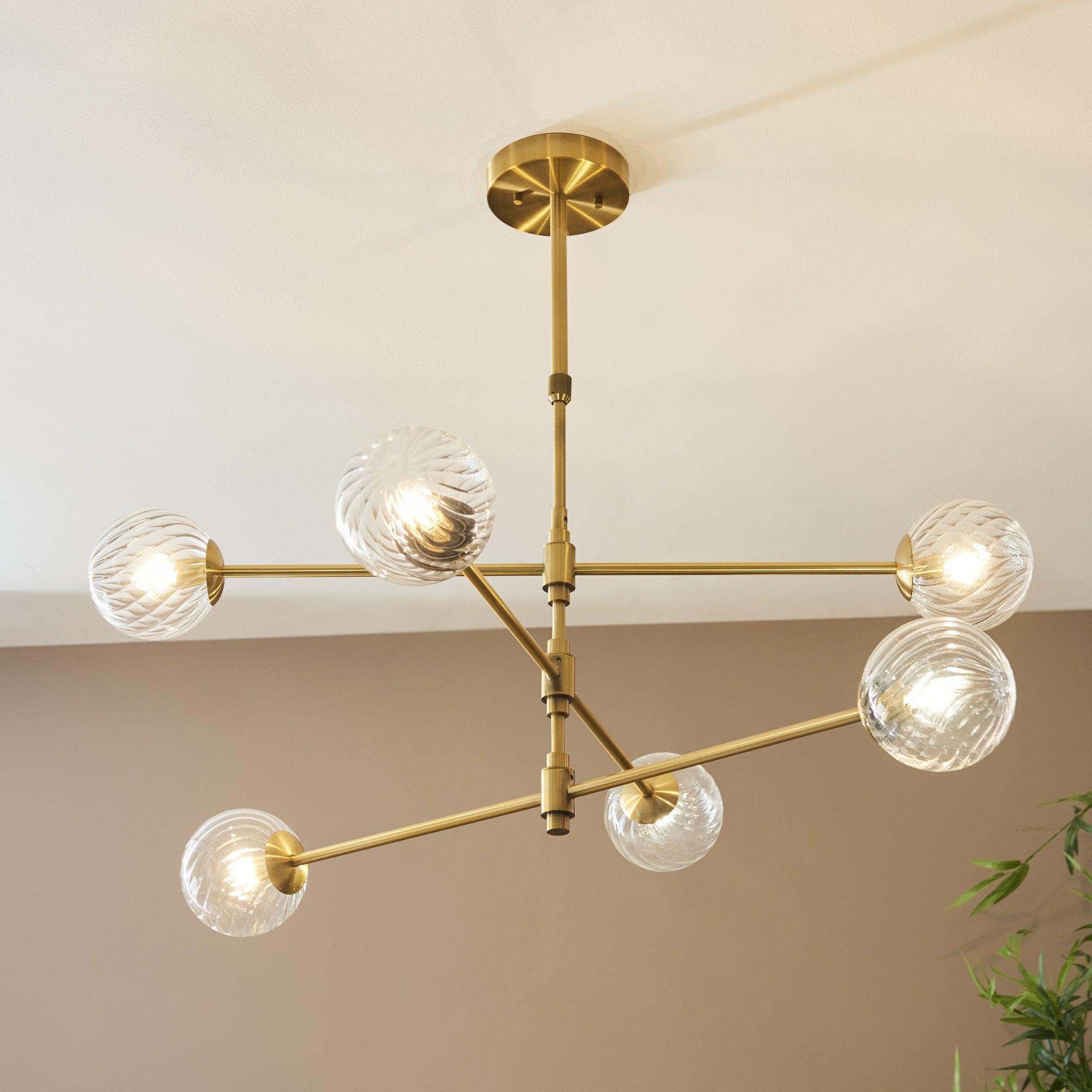 Utopia Atomic 6 Light Pendant - Brushed Aged Brass & Twisted Clear Glass