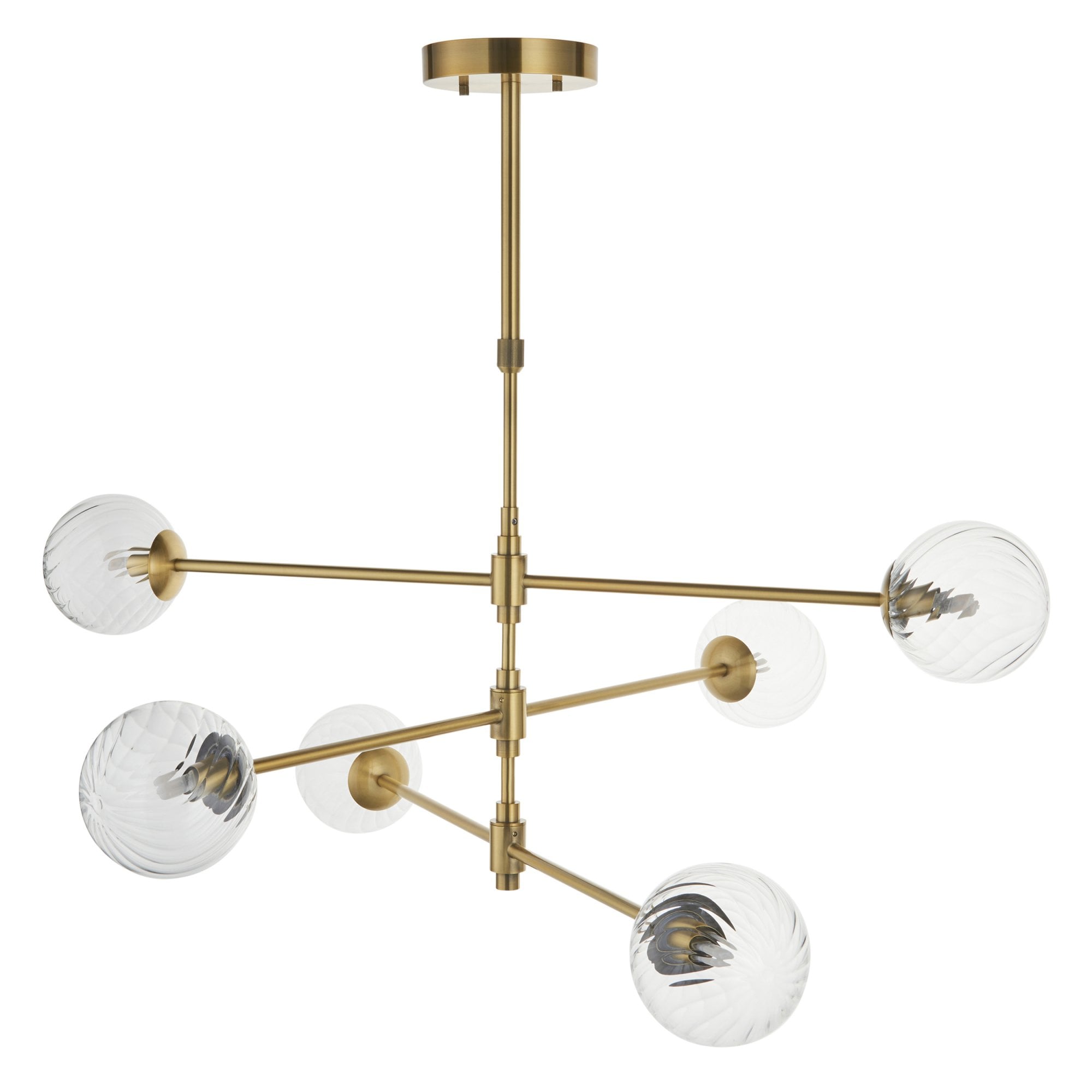 Utopia Atomic 6 Light Pendant - Brushed Aged Brass & Twisted Clear Glass