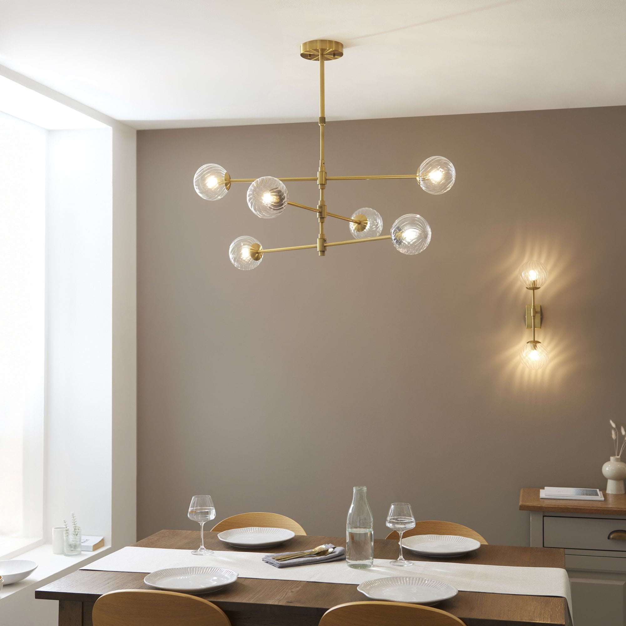Utopia Atomic 2 Light Wall Light - Brushed Aged Brass & Twisted Clear Glass