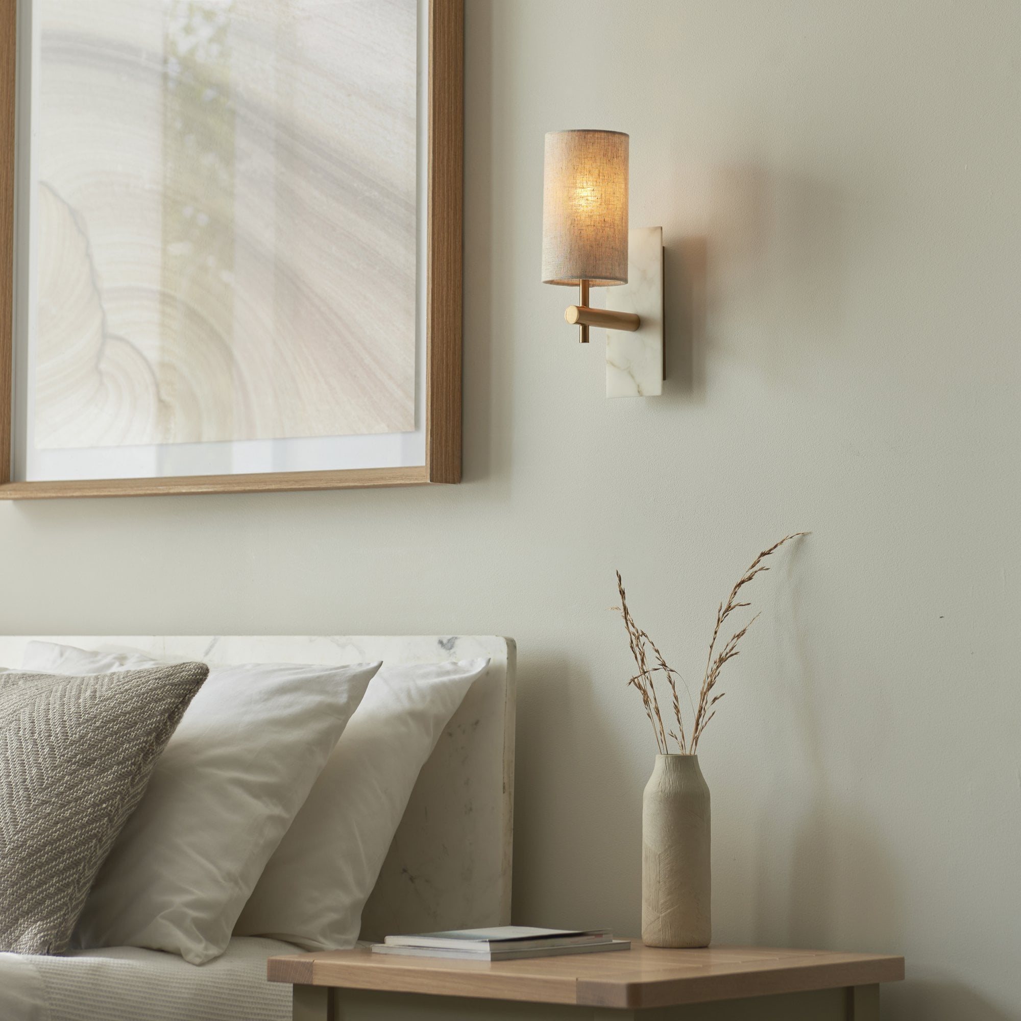 Utopia Spire Single White Marble Wall Light - Vintage Brass & Natural Cylindrical Shade