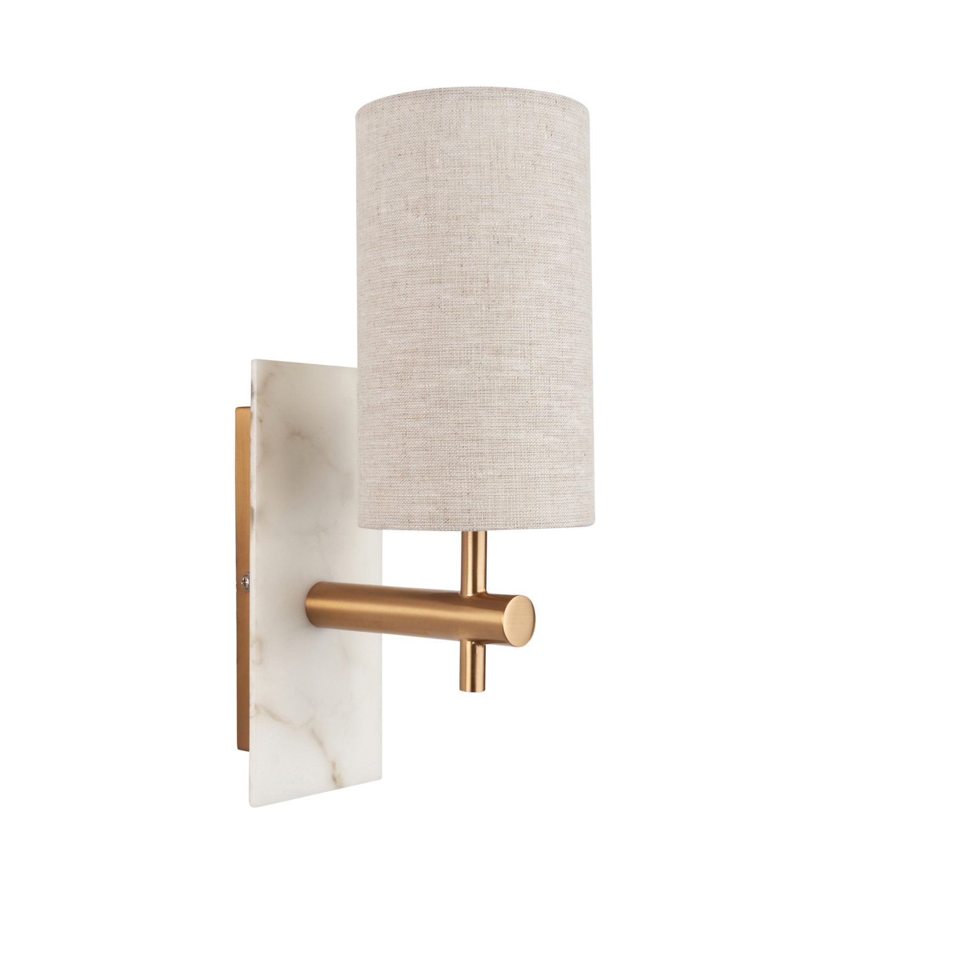 Utopia Spire Single White Marble Wall Light - Vintage Brass & Natural Cylindrical Shade