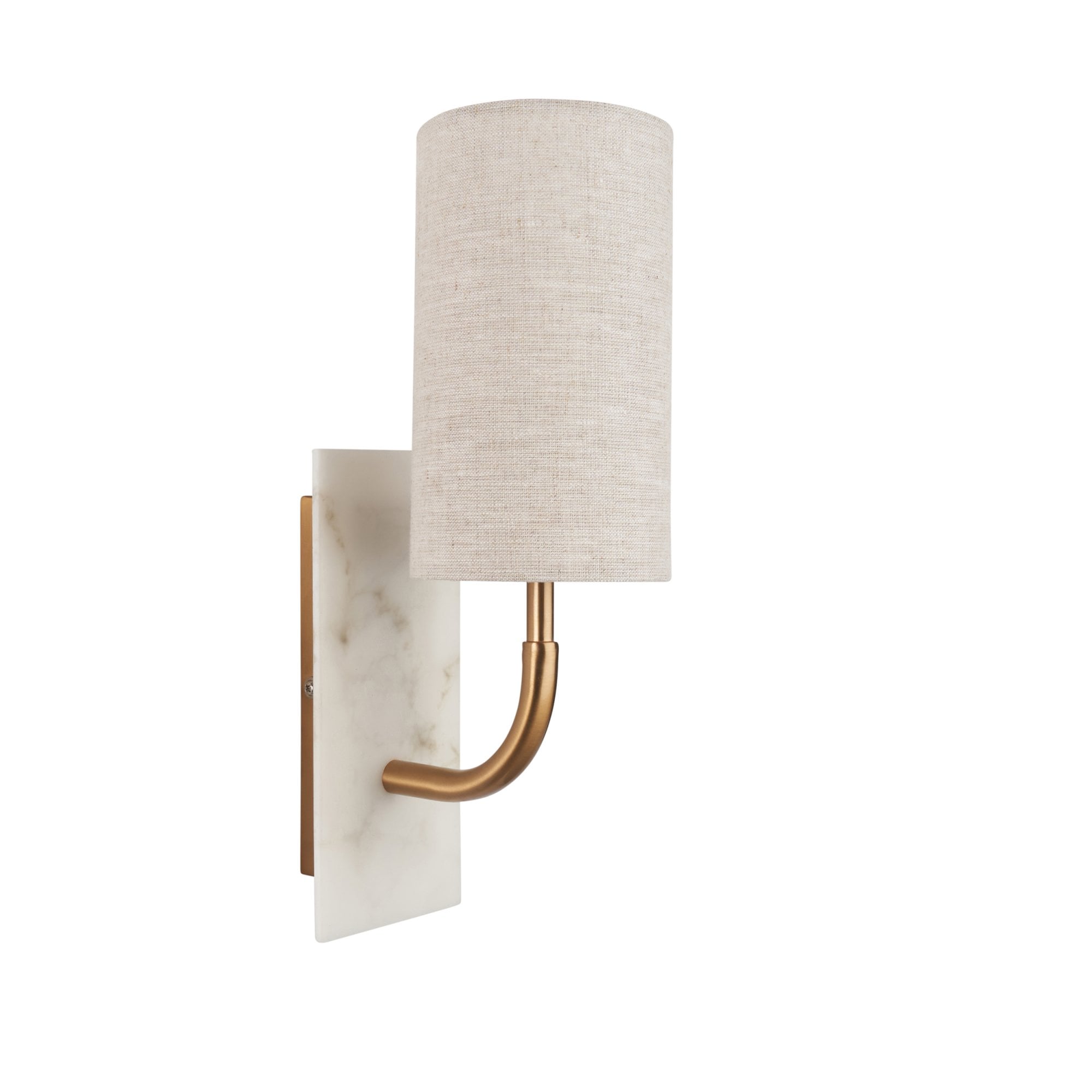 Utopia Spire Single White Marble Curved Arm Wall Light - Vintage Brass & Natural Cylindrical Shade