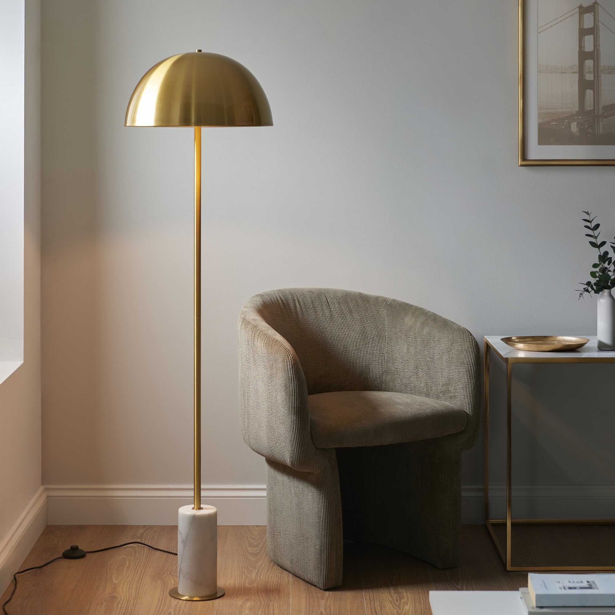 Utopia Parasol Single Floor Lamp - Brushed Aged Brass & White Marble