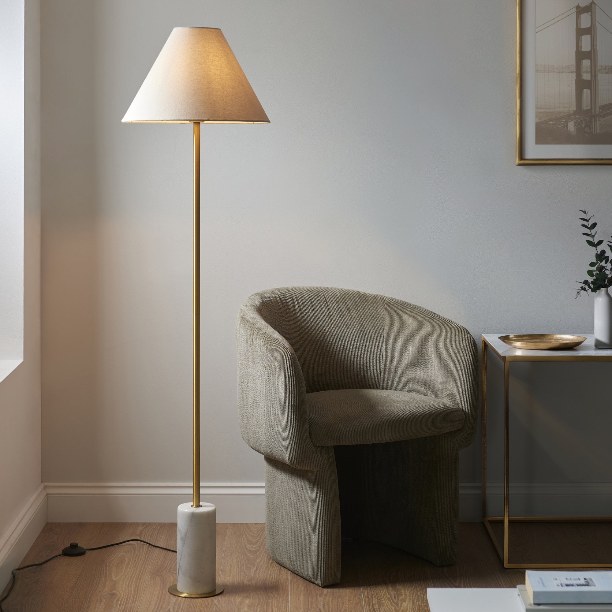 Utopia Pinnacle White Marble Single Floor Lamp - Brushed Aged Brass & Natural Tapered Shade