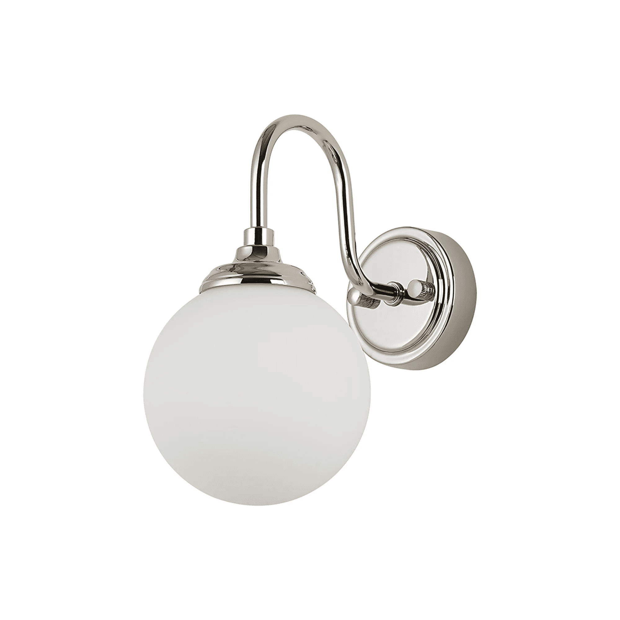 Dene Curved Arm Wall Light - 1 Light - IP44 Polished Nickel & Clear Smooth Round Glass