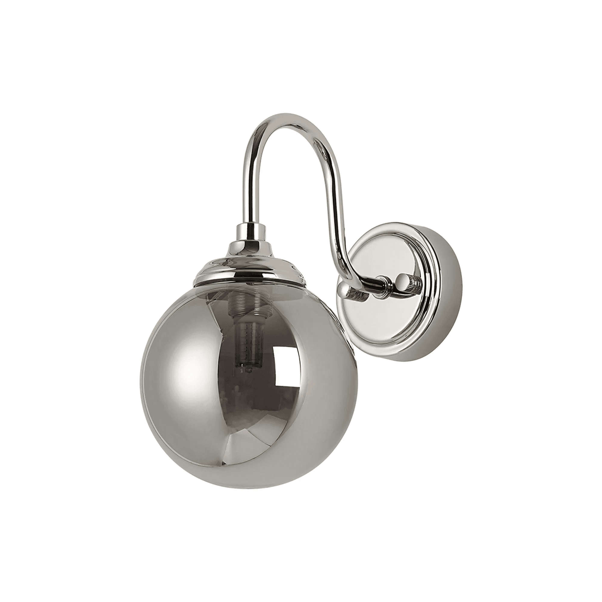 Dene Curved Arm Wall Light - 1 Light - IP44 Polished Nickel & Clear Smooth Round Glass