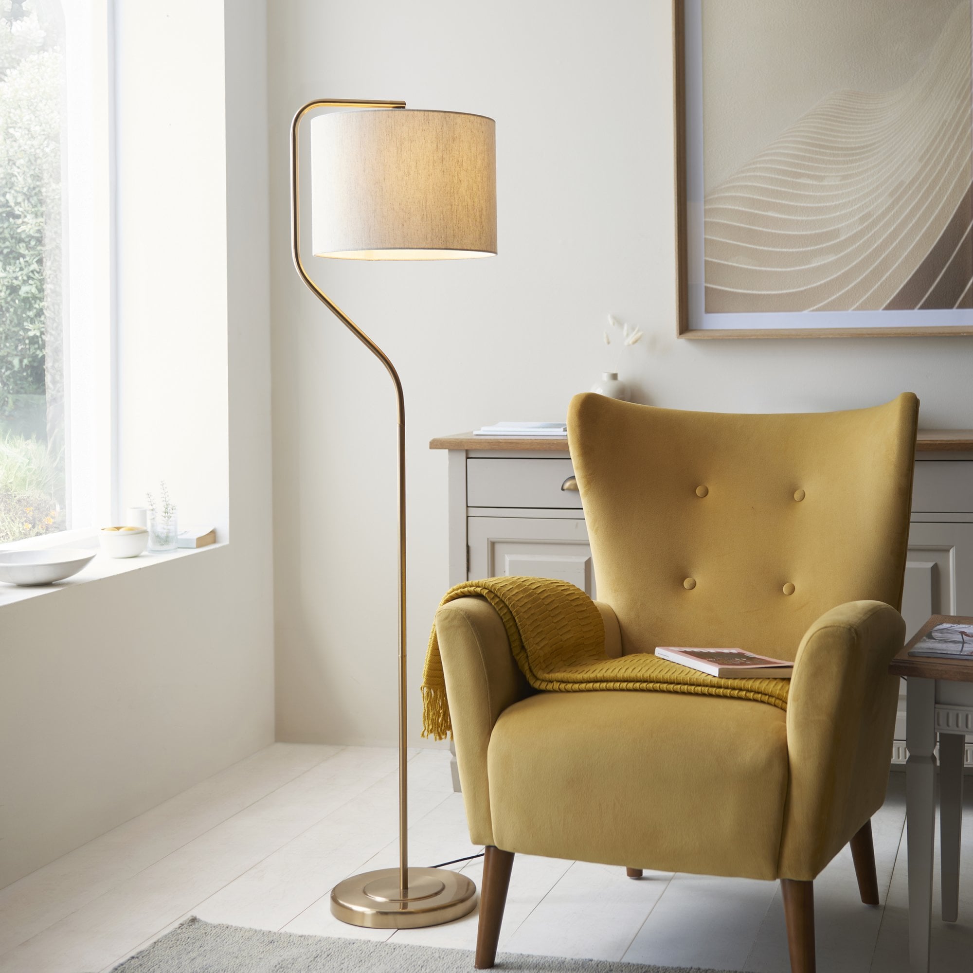 Endon Clement Single Light Floor - Brushed Aged Brass Plate & Natural Linen Mix Fabric