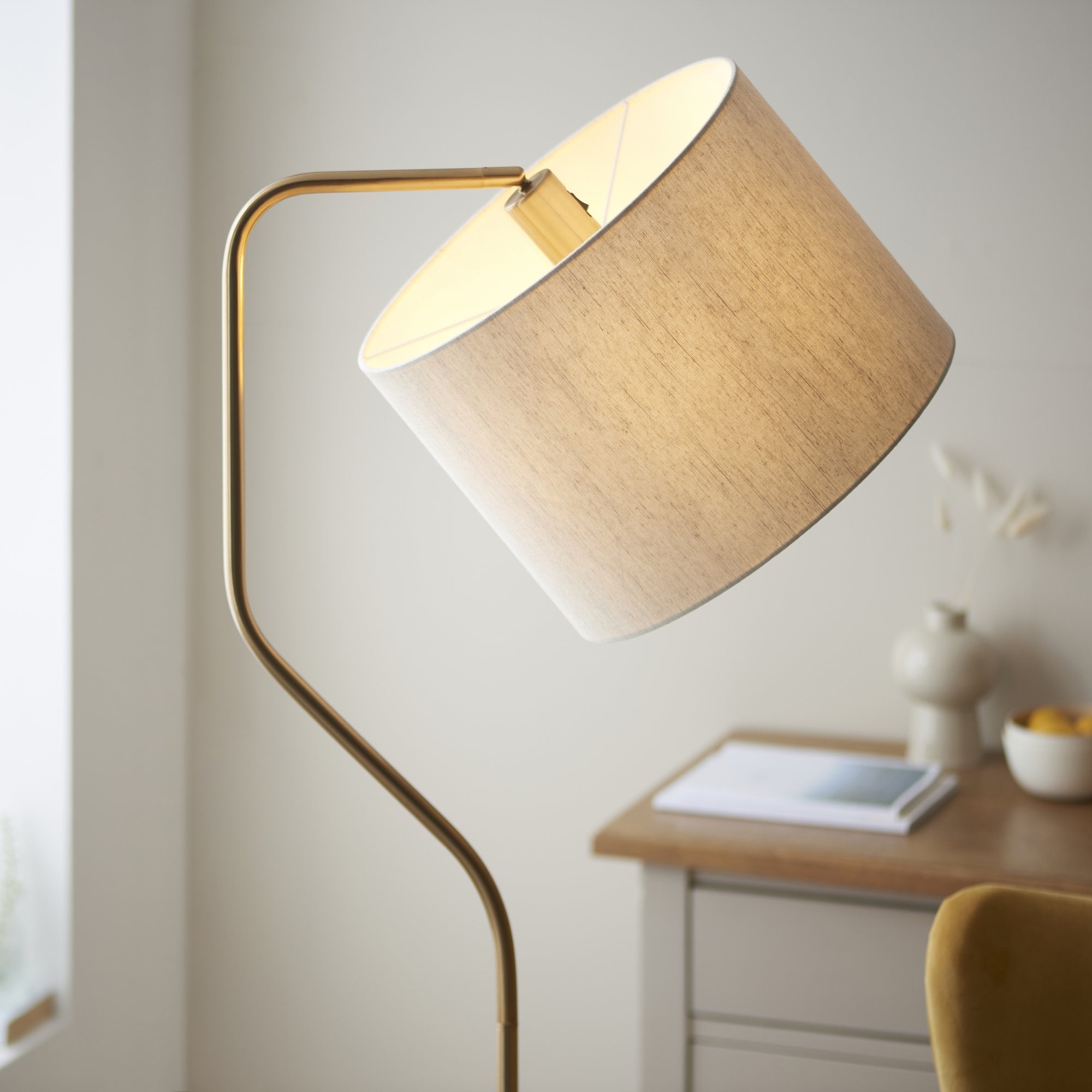 Endon Clement Single Light Floor - Brushed Aged Brass Plate & Natural Linen Mix Fabric