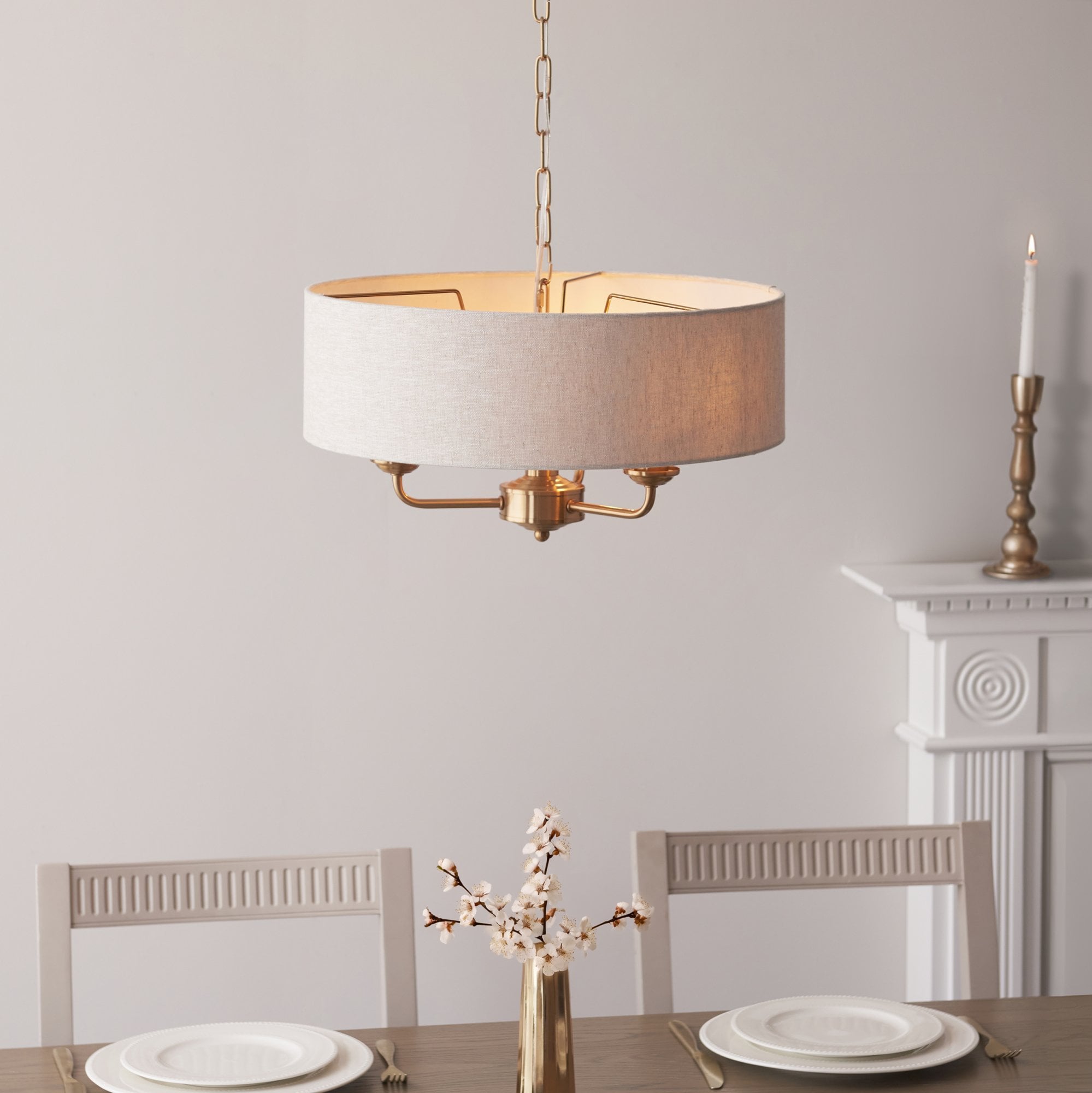 Endon Highclere 3 Light Pendant - Vintage Brass & Natural Linen