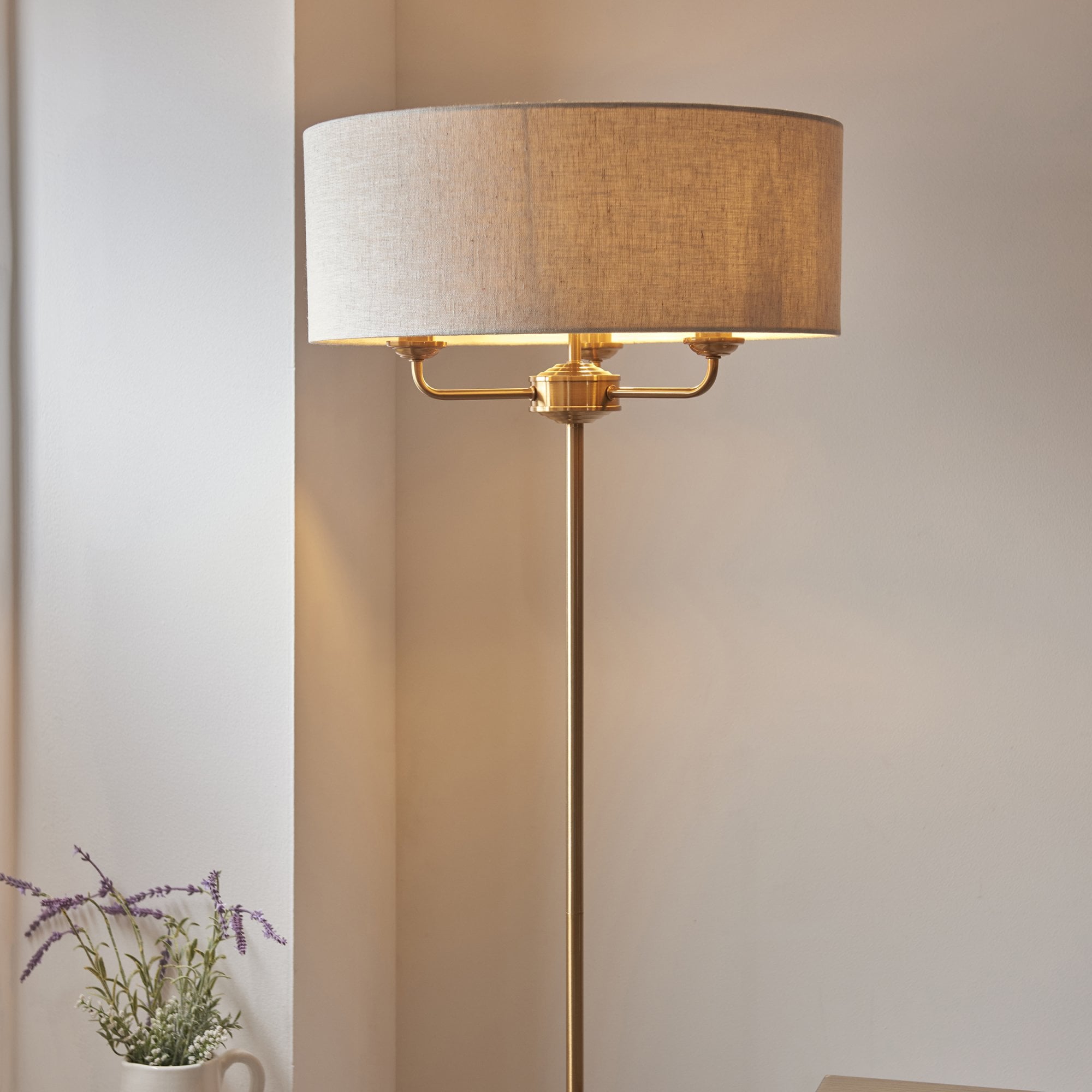 Endon Highclere 3 Light Floor - Vintage Brass & Natural Linen