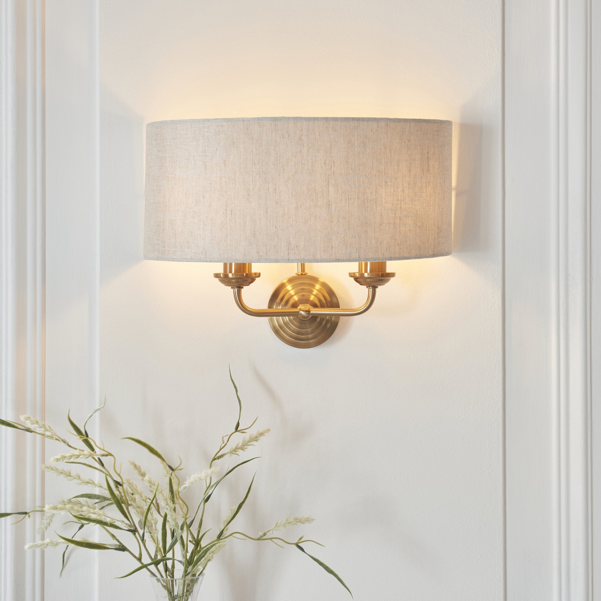 Endon Highclere 2 Light Wall - Vintage Brass & Natural Linen