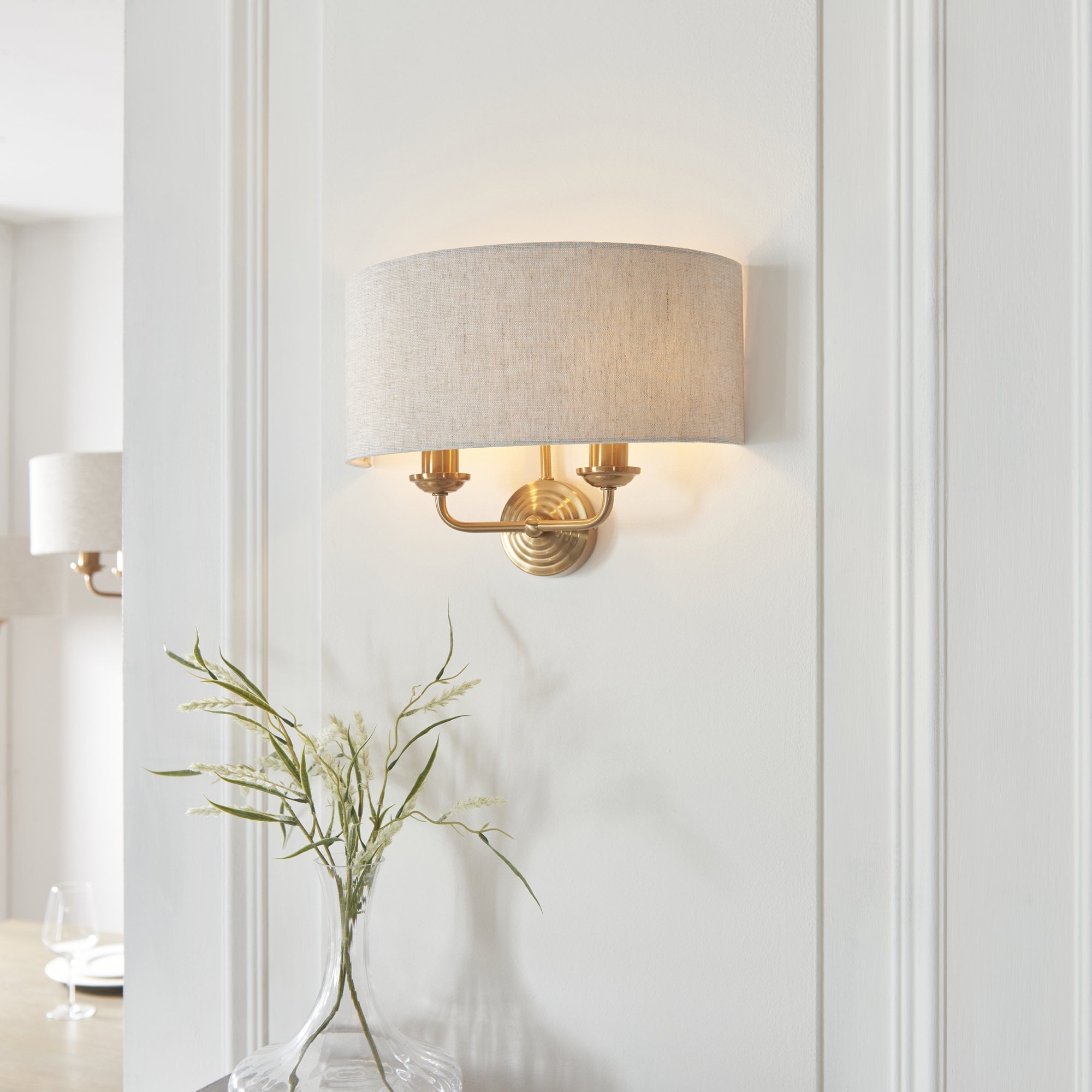 Endon Highclere 2 Light Wall - Vintage Brass & Natural Linen