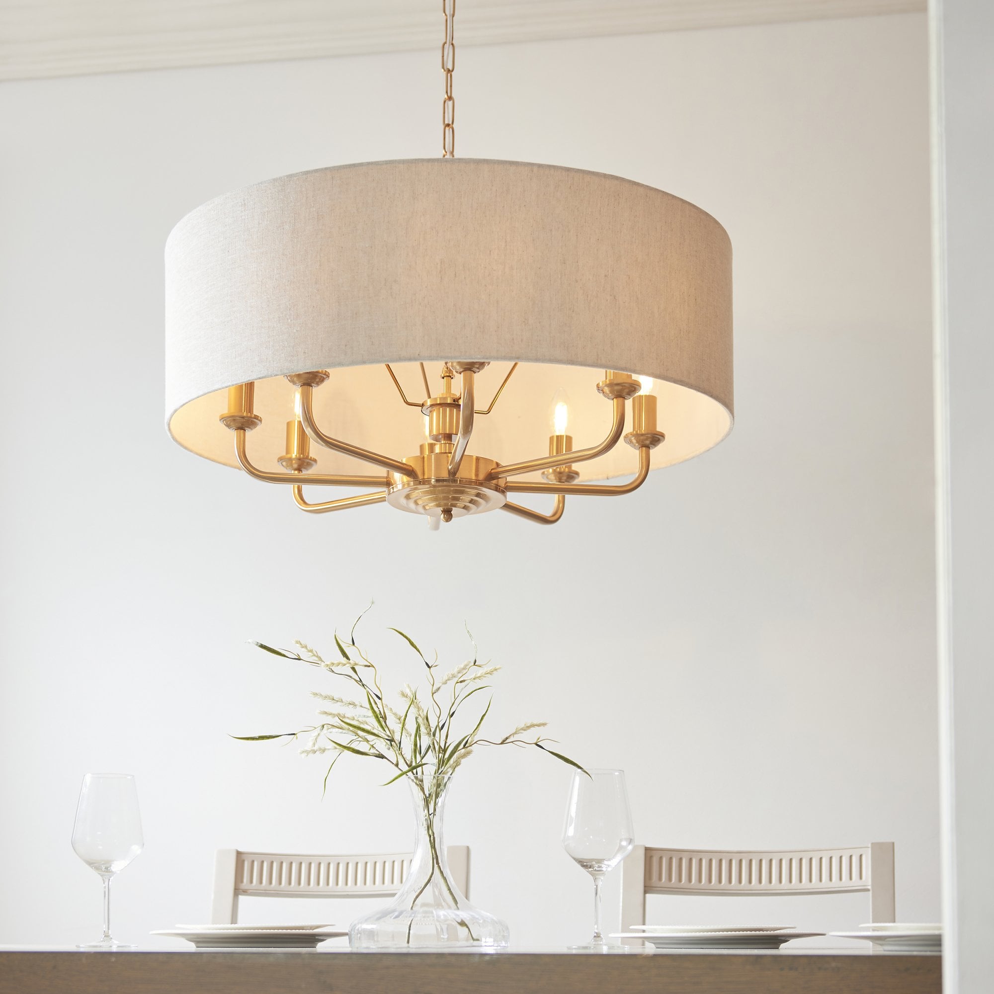 Endon Highclere 8 Light Pendant - Vintage Brass & Natural Linen