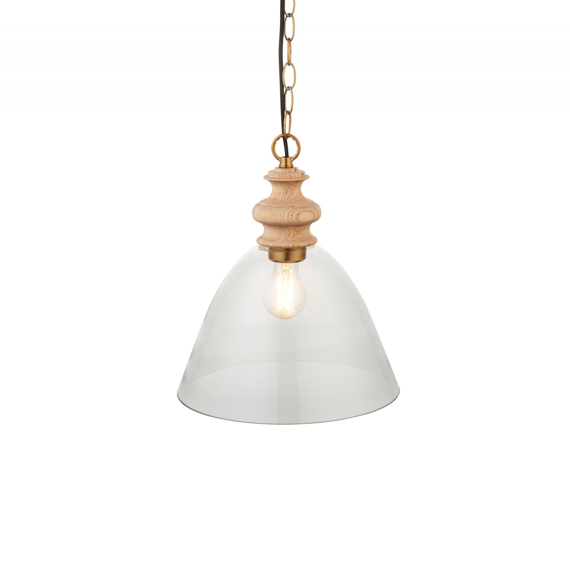 Endon Cotswold Single Light Pendant - Natural Ash, Brushed Aged Brass Plate & Clear Glass