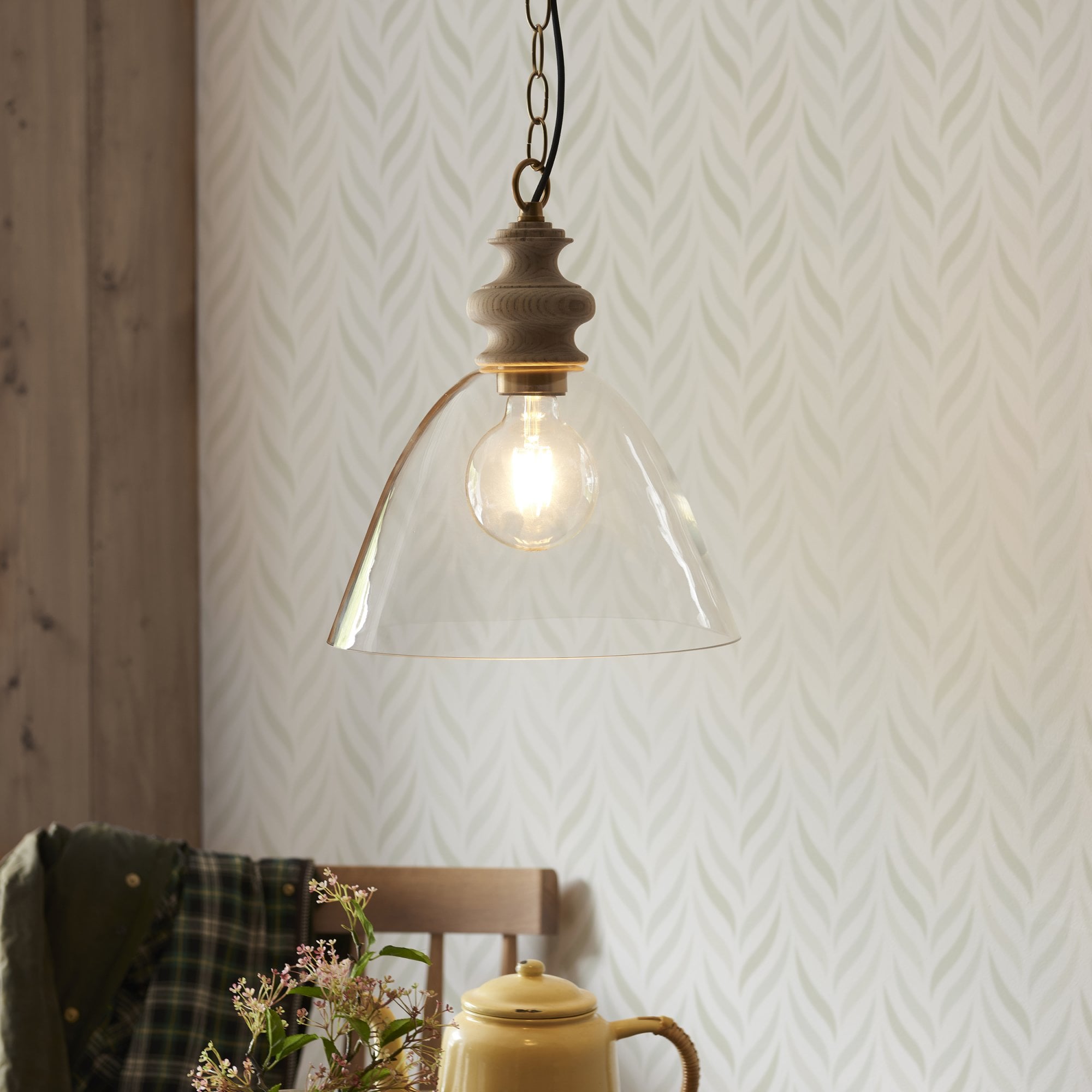 Endon Cotswold Single Light Pendant - Natural Ash, Brushed Aged Brass Plate & Clear Glass