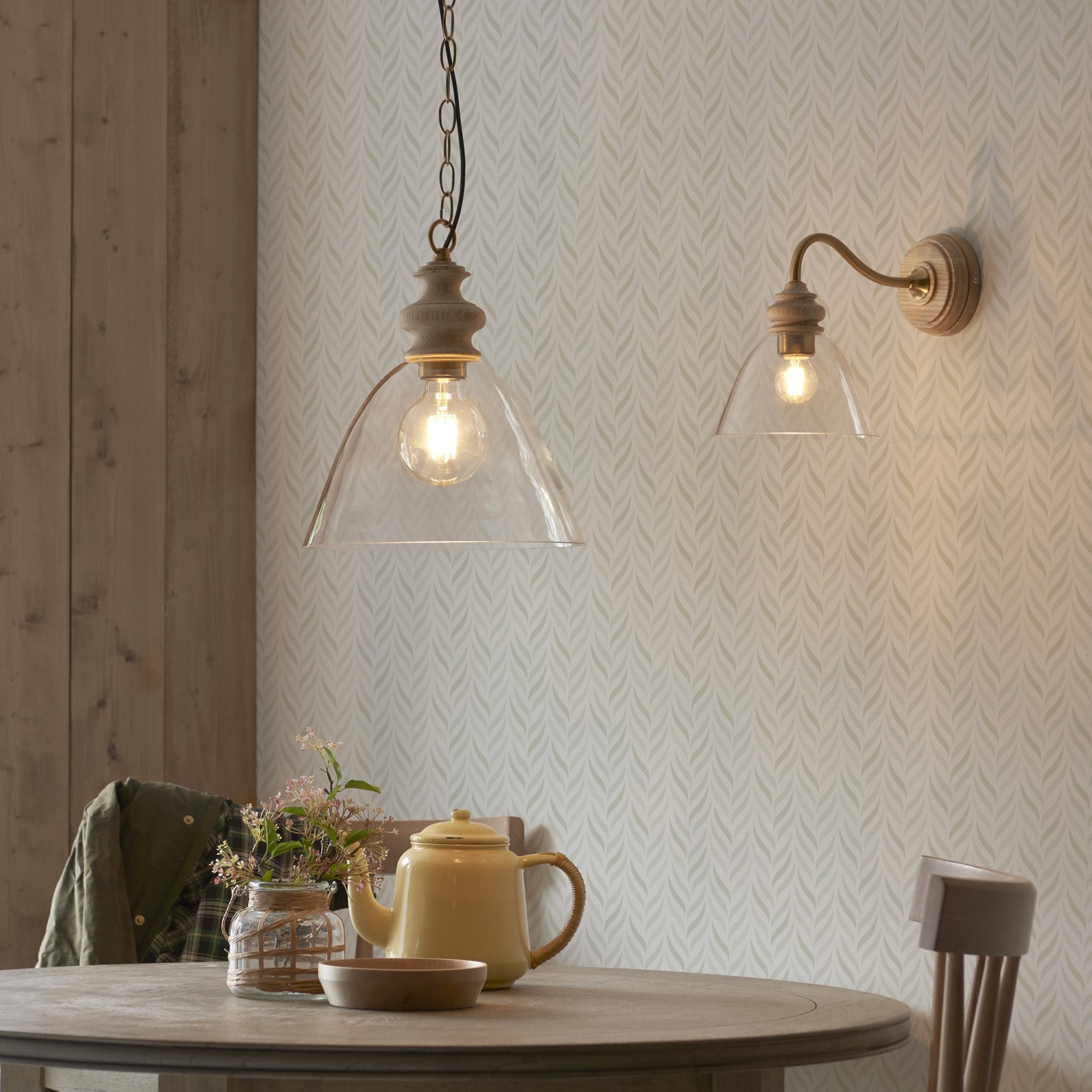 Endon Cotswold Single Light Pendant - Natural Ash, Brushed Aged Brass Plate & Clear Glass