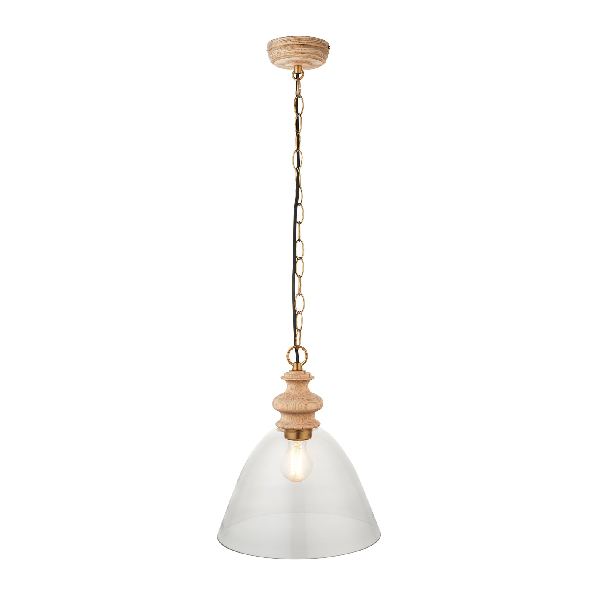 Endon Cotswold Single Light Pendant - Natural Ash, Brushed Aged Brass Plate & Clear Glass