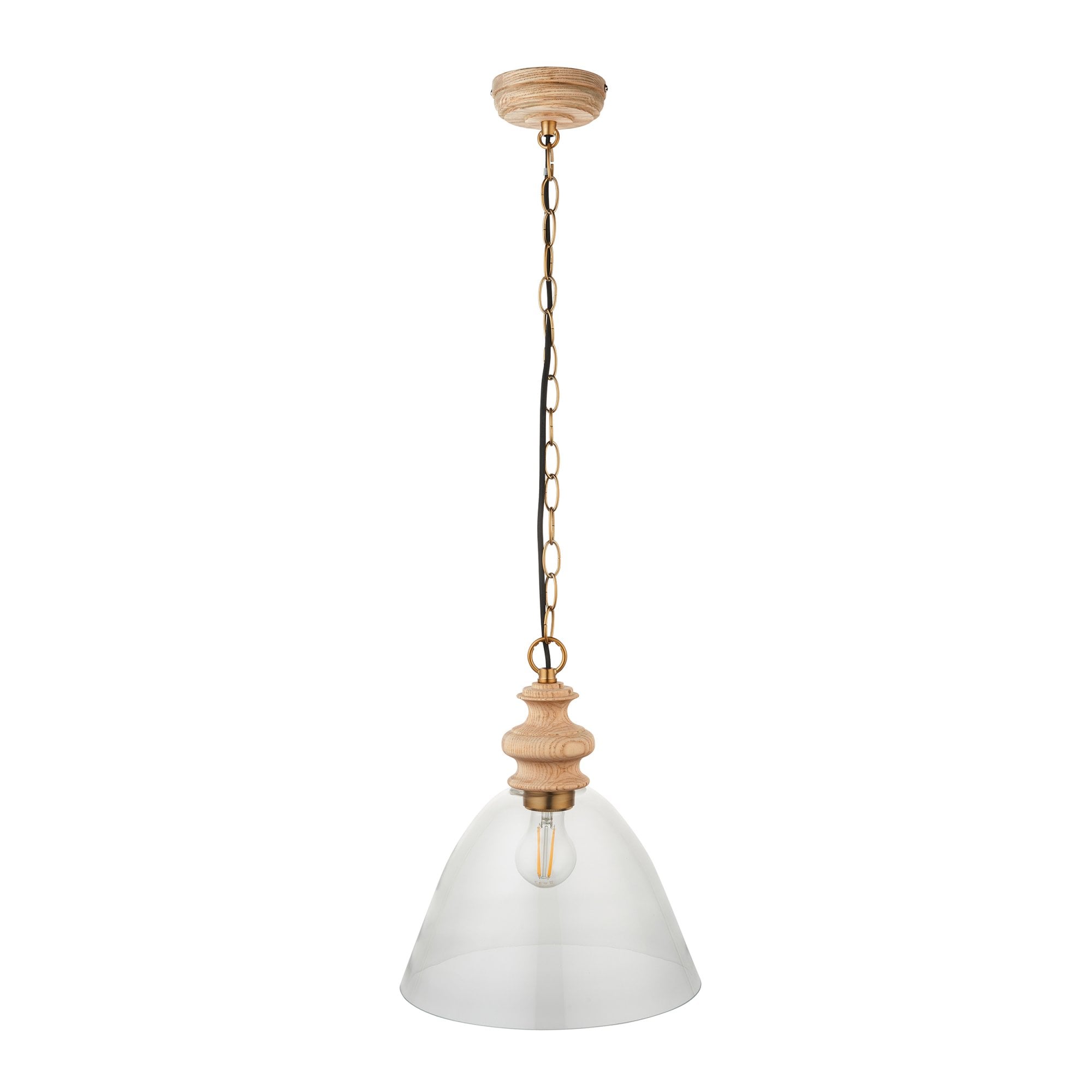 Endon Cotswold Single Light Pendant - Natural Ash, Brushed Aged Brass Plate & Clear Glass