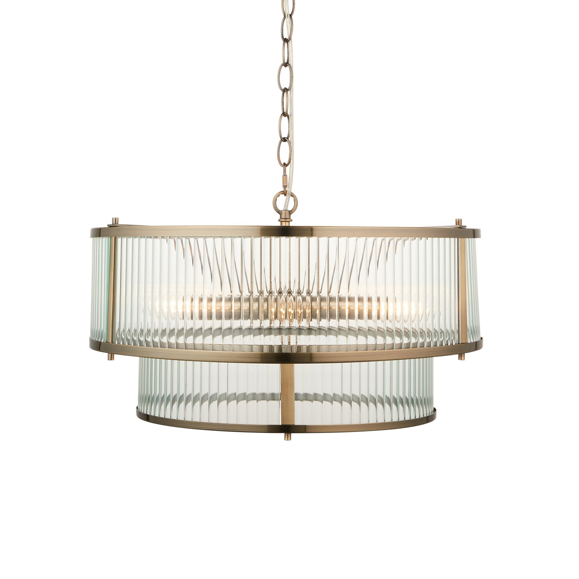 Endon Ridgeton 5 Light Pendant - Antique Brass Plate & Clear Ribbed Glass