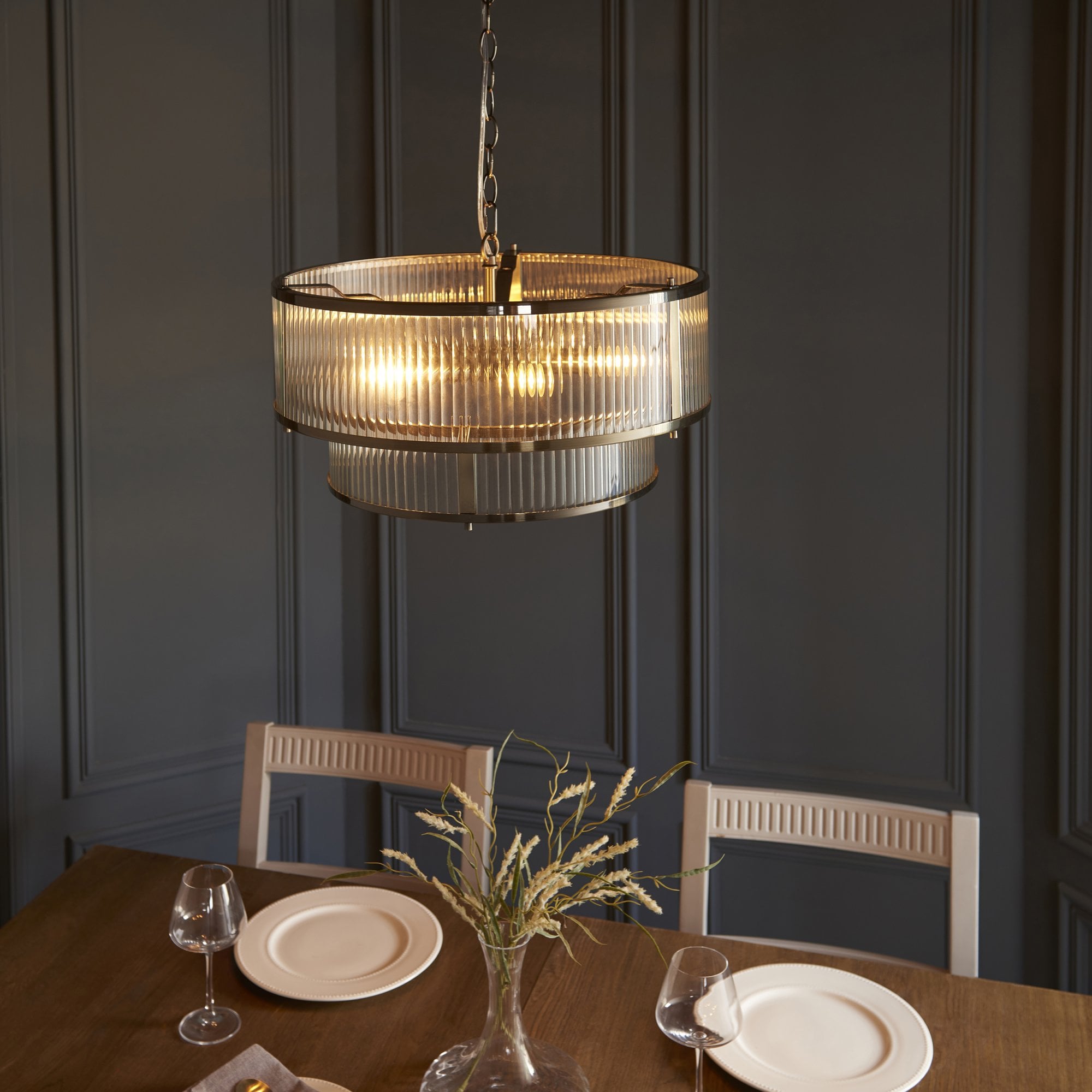 Endon Ridgeton 5 Light Pendant - Antique Brass Plate & Clear Ribbed Glass