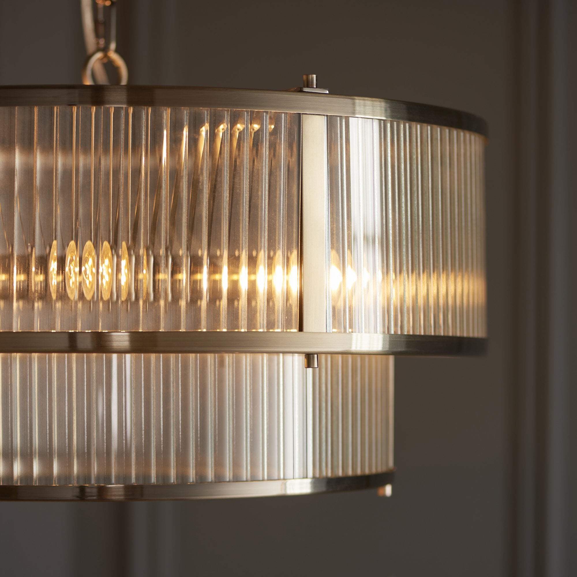 Endon Ridgeton 5 Light Pendant - Antique Brass Plate & Clear Ribbed Glass