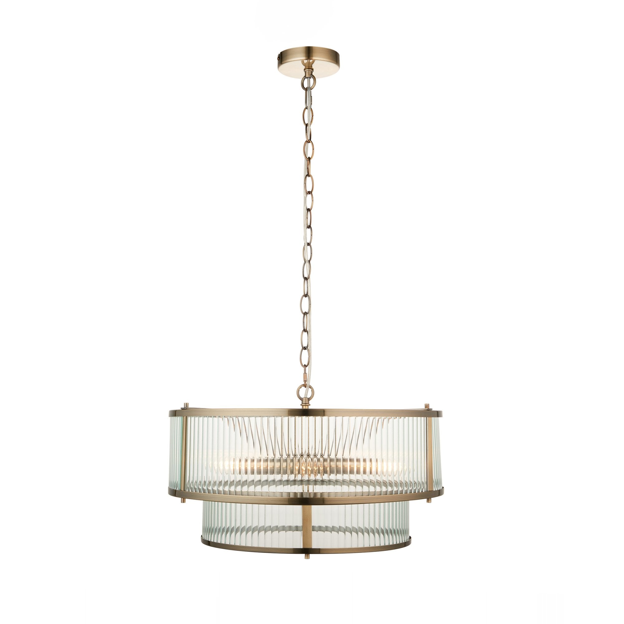 Endon Ridgeton 5 Light Pendant - Antique Brass Plate & Clear Ribbed Glass