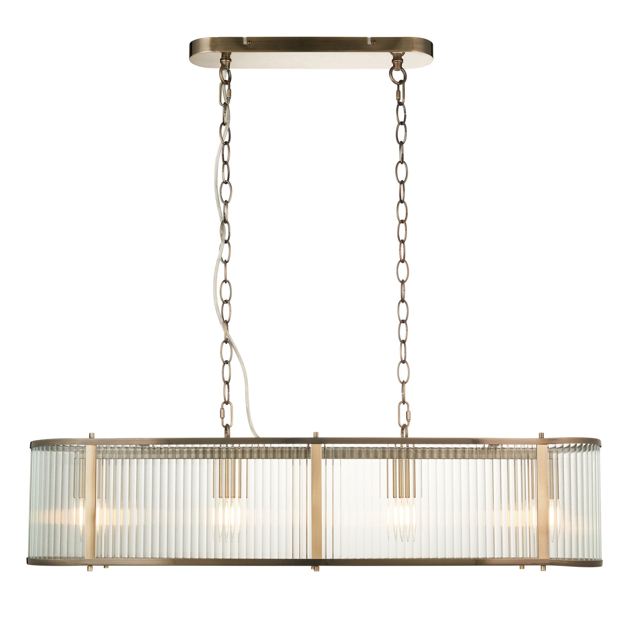 Endon Ridgeton 4 Light Pendant - Antique Brass Plate & Clear Ribbed Glass