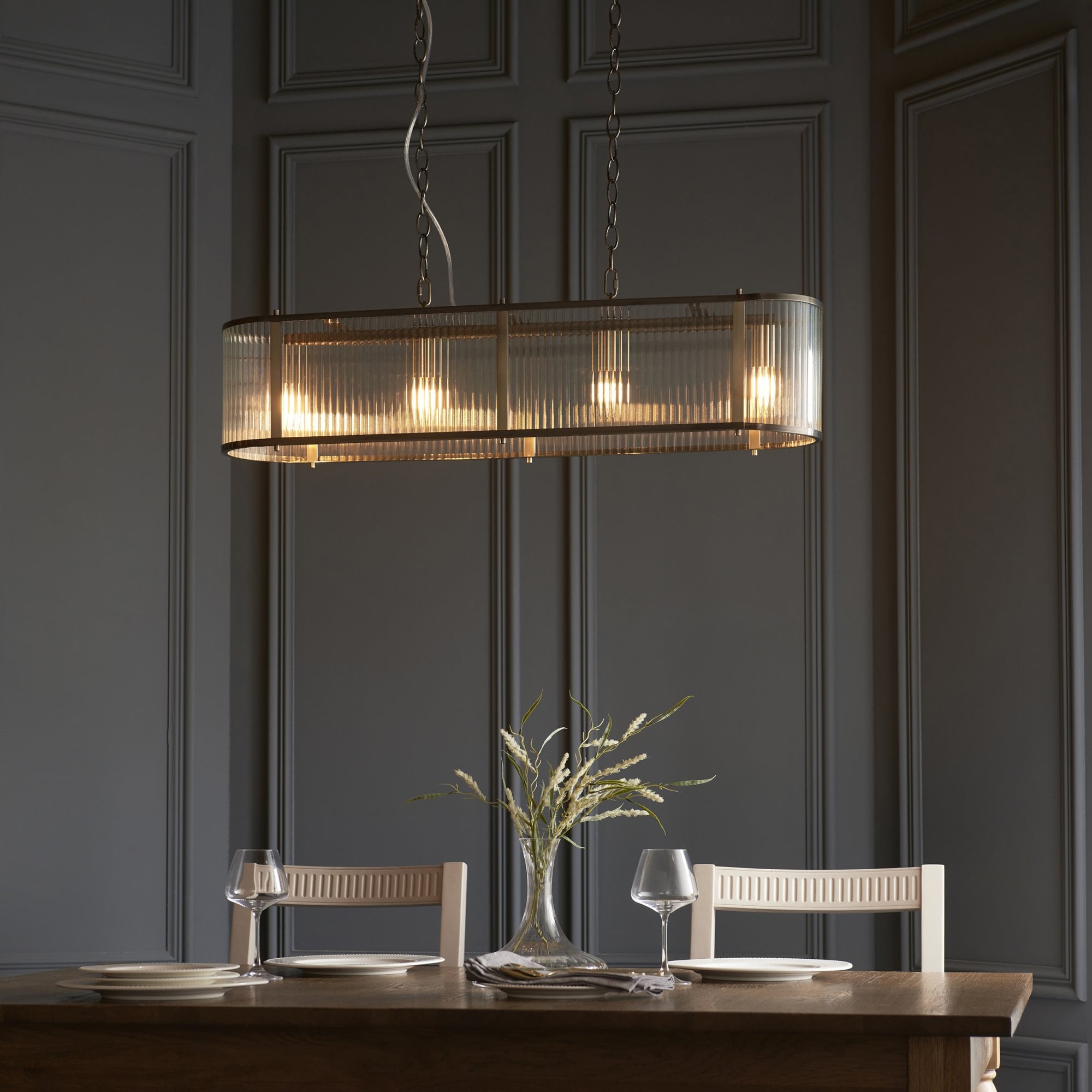 Endon Ridgeton 4 Light Pendant - Antique Brass Plate & Clear Ribbed Glass