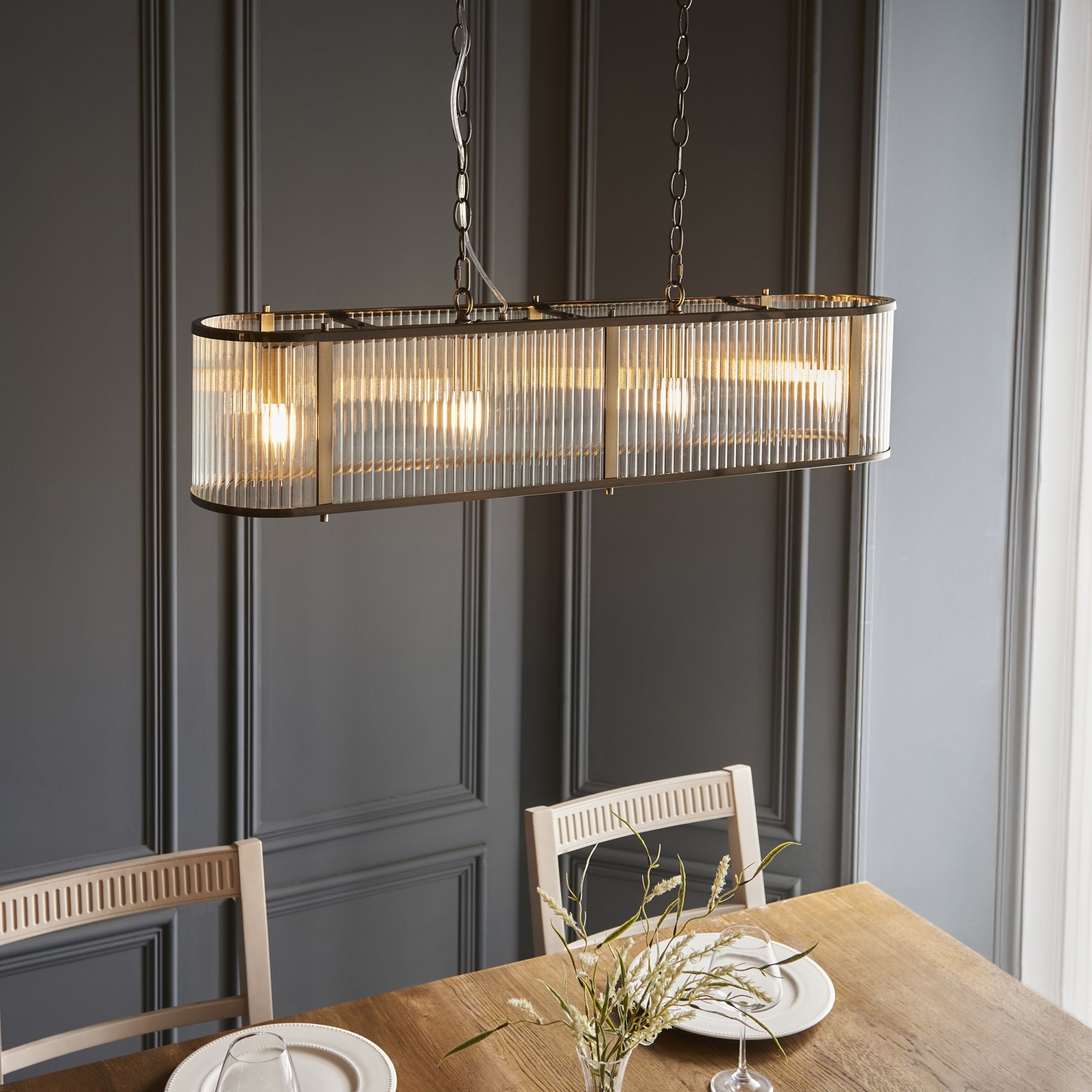 Endon Ridgeton 4 Light Pendant - Antique Brass Plate & Clear Ribbed Glass