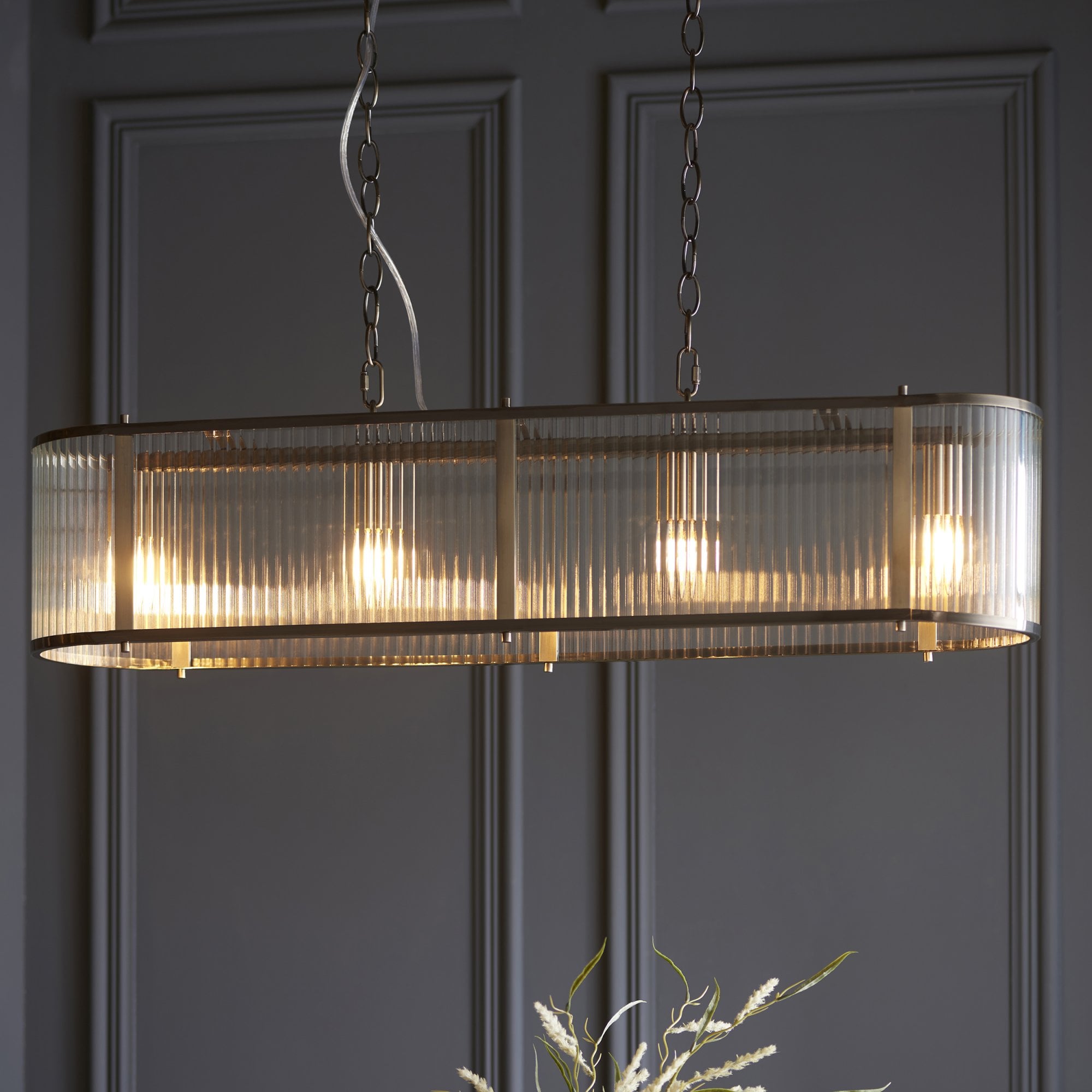 Endon Ridgeton 4 Light Pendant - Antique Brass Plate & Clear Ribbed Glass