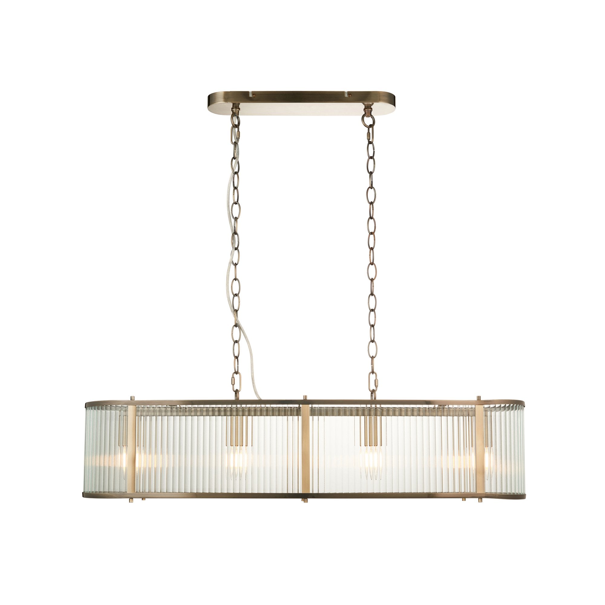 Endon Ridgeton 4 Light Pendant - Antique Brass Plate & Clear Ribbed Glass