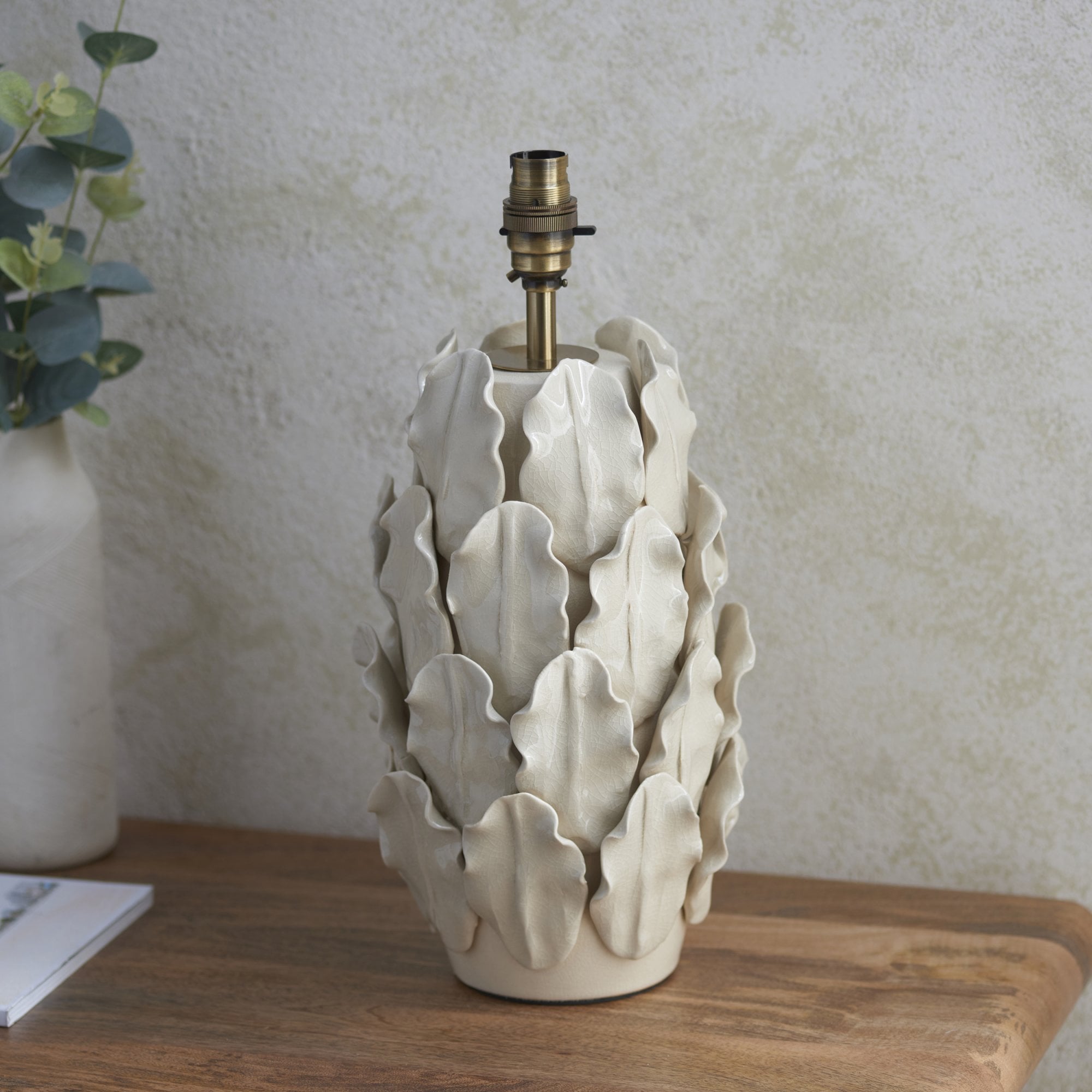 Endon Layered Decorative Leaf Single Light Table Lamp - Ivory Crackle Glaze & Brushed Aged Brass Plate