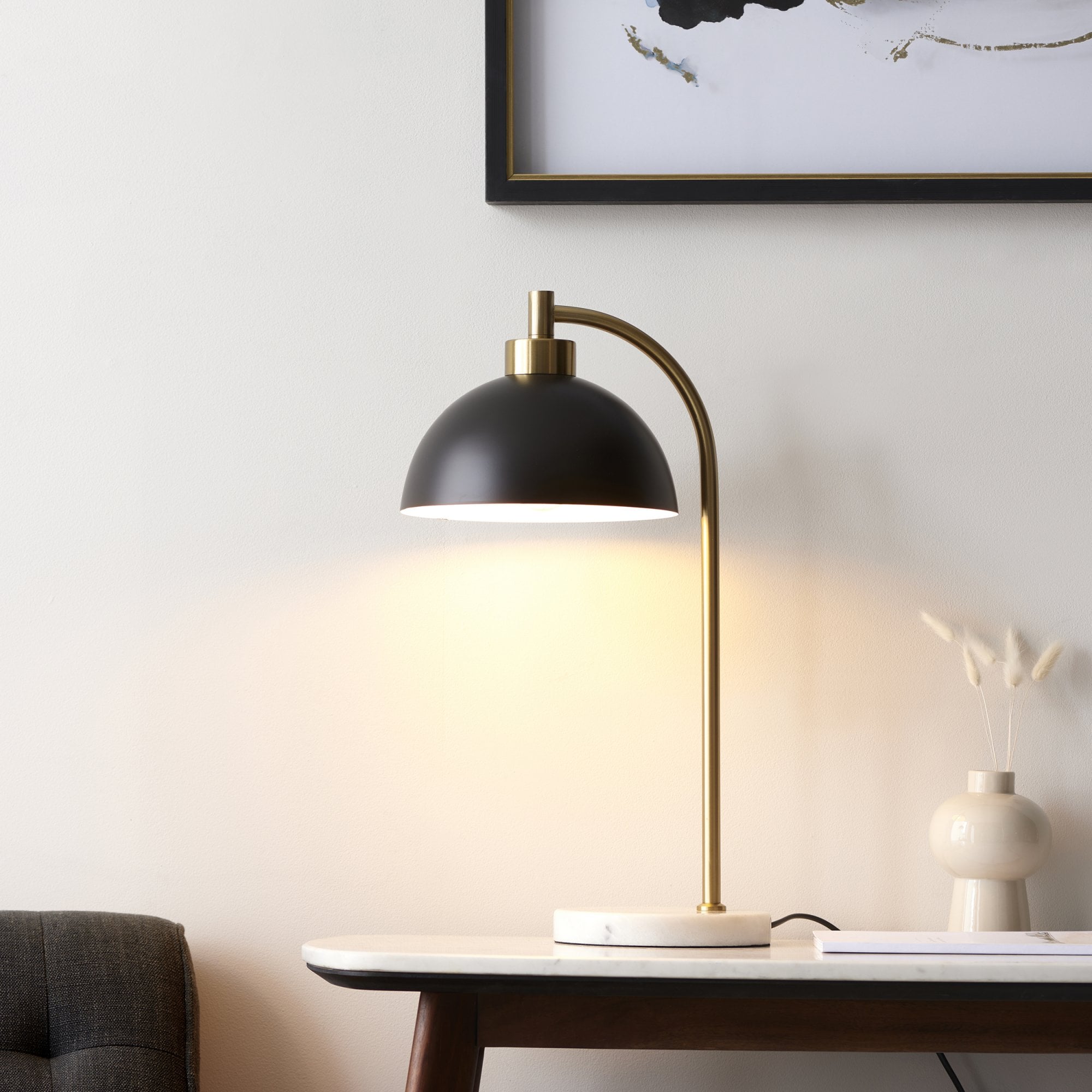 Endon Buchanan Single Light Table Lamp - Matt Black, Antique Brass Plate & Grey Marble