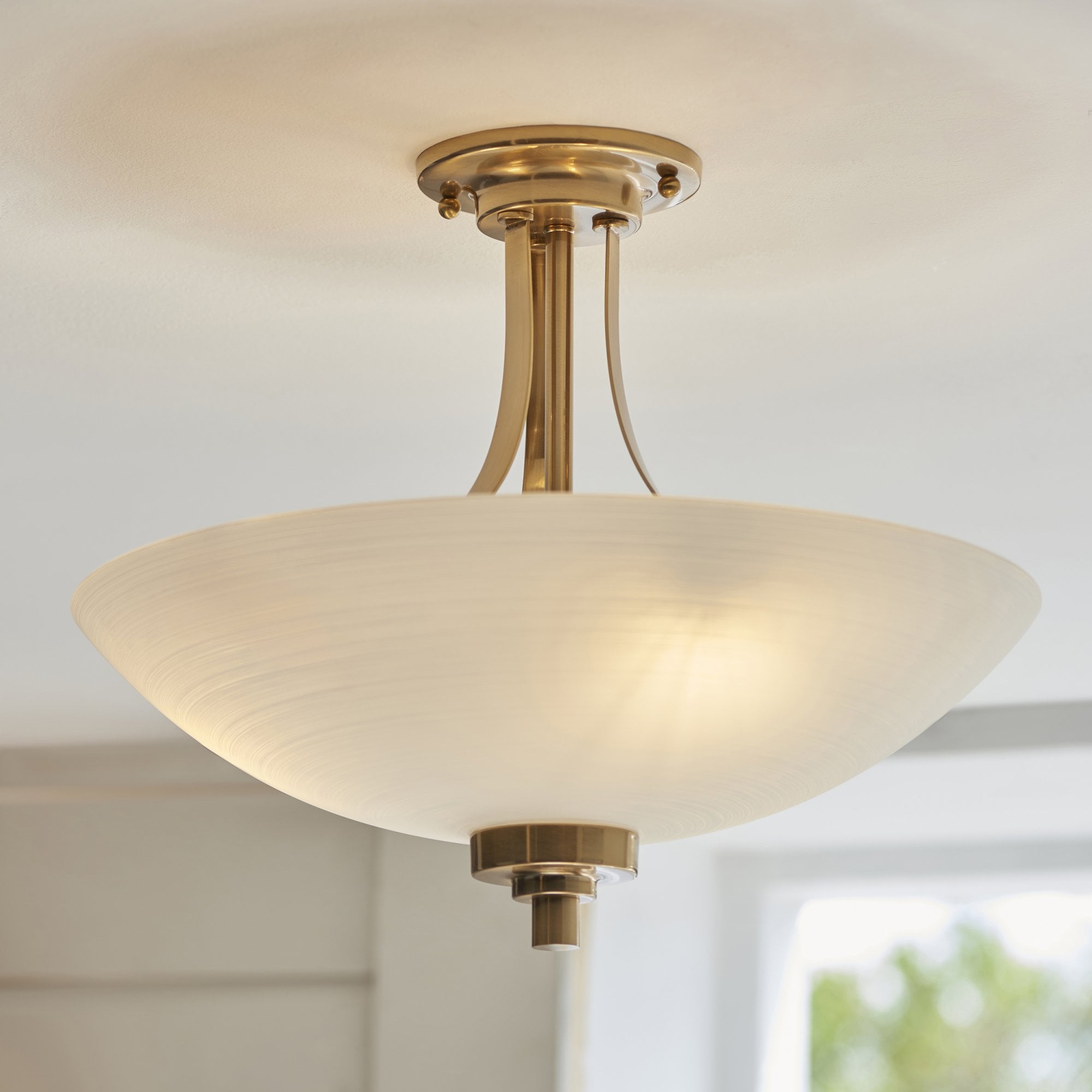 Endon Welles 3 Light Flush - Brushed Aged Brass Plate & White Glass
