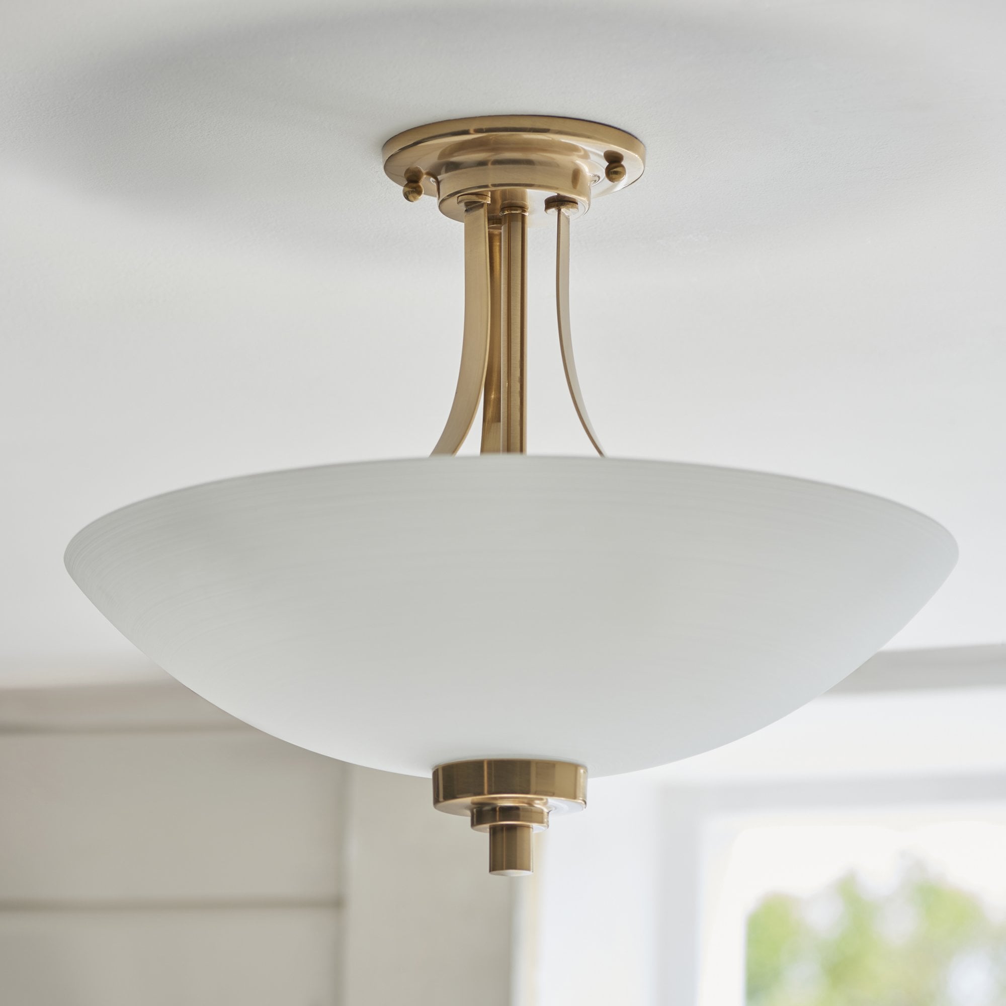 Endon Welles 3 Light Flush - Brushed Aged Brass Plate & White Glass