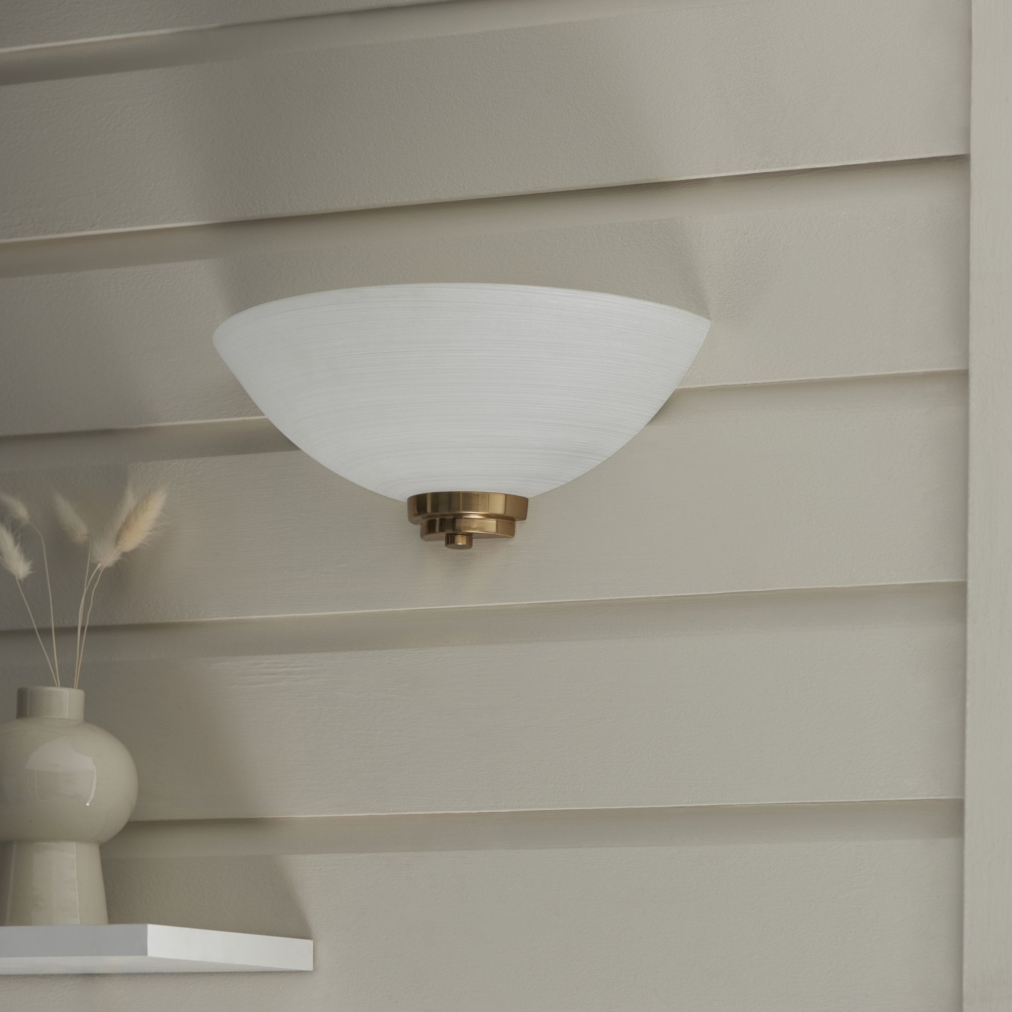 Endon Welles Single Light Wall - Brushed Aged Brass Plate & White Glass