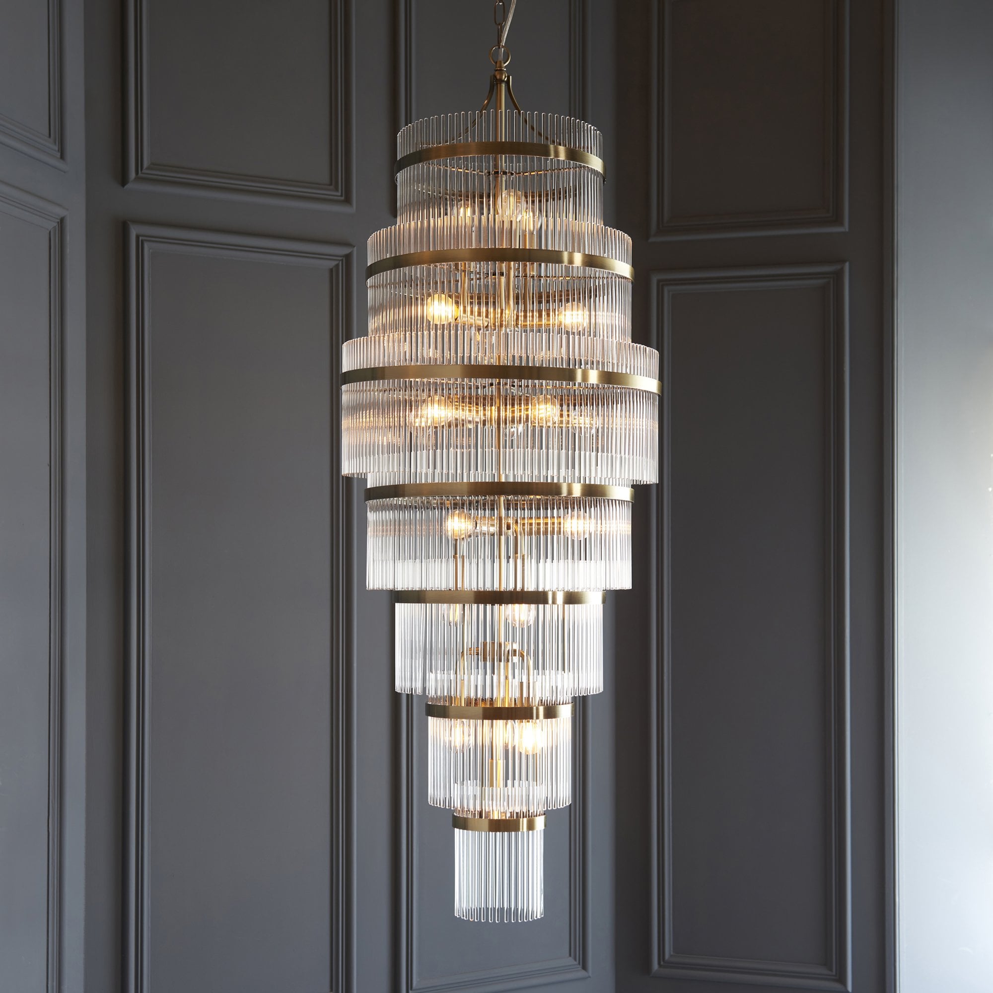 Endon Marietta Grand 21 Light Tiered Pendant - Antique Brass Plate & Clear Glass