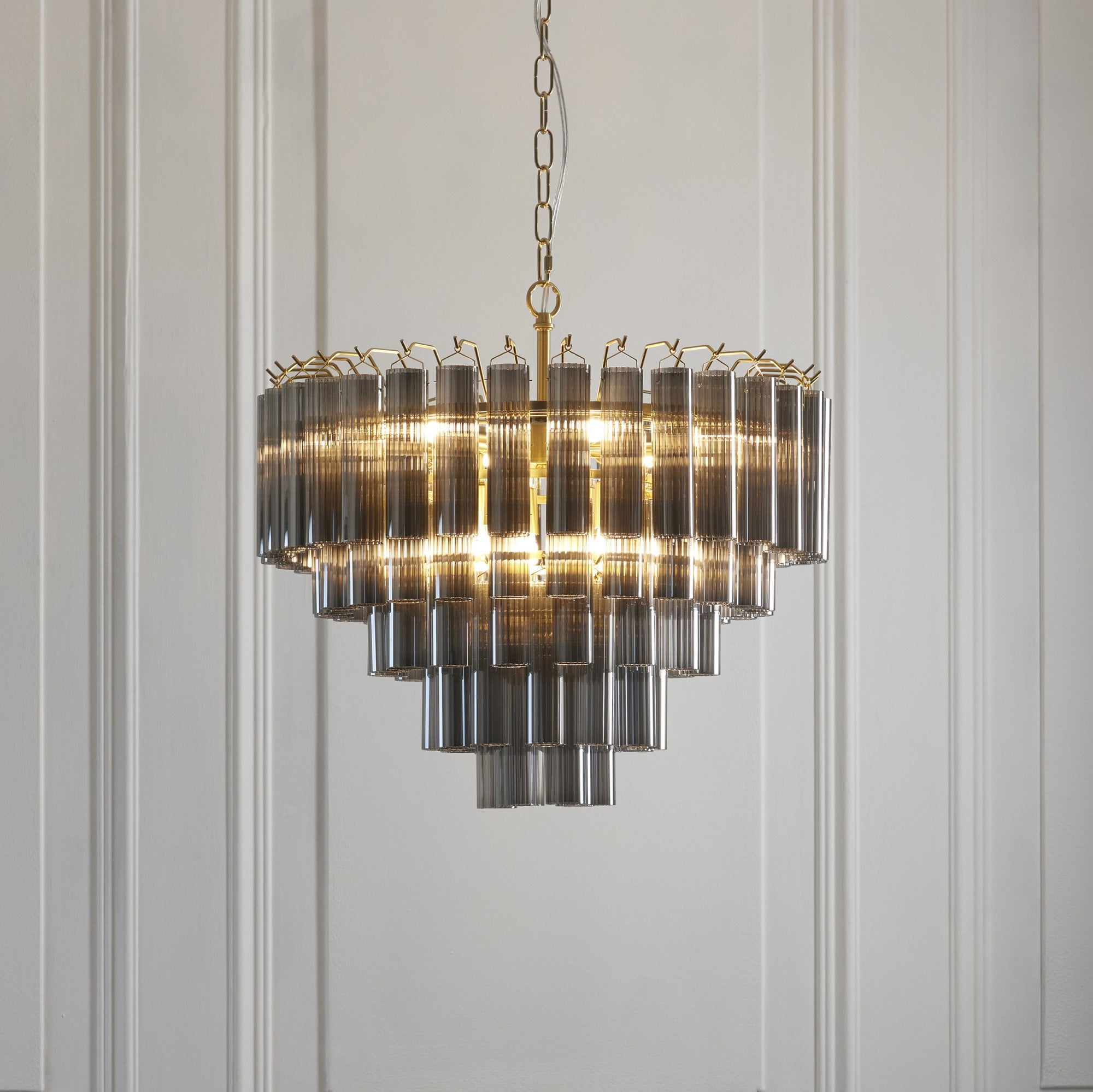 Endon Toulouse 12 Light Pendant - Satin Brass Plate & Smokey Grey Lustre Glass