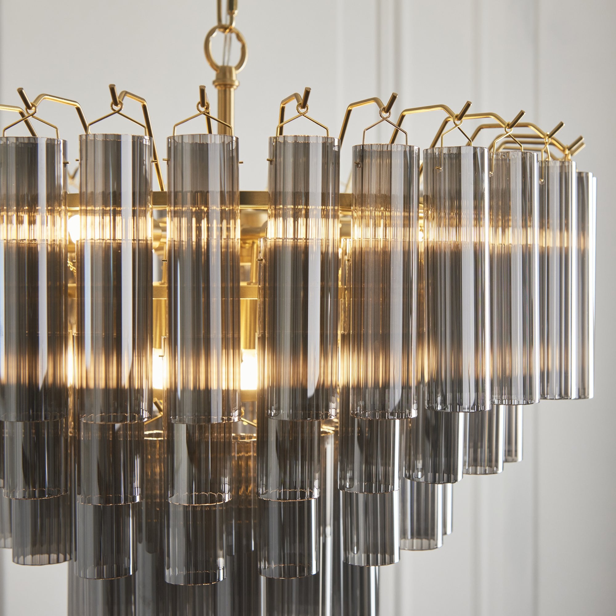 Endon Toulouse 12 Light Pendant - Satin Brass Plate & Smokey Grey Lustre Glass