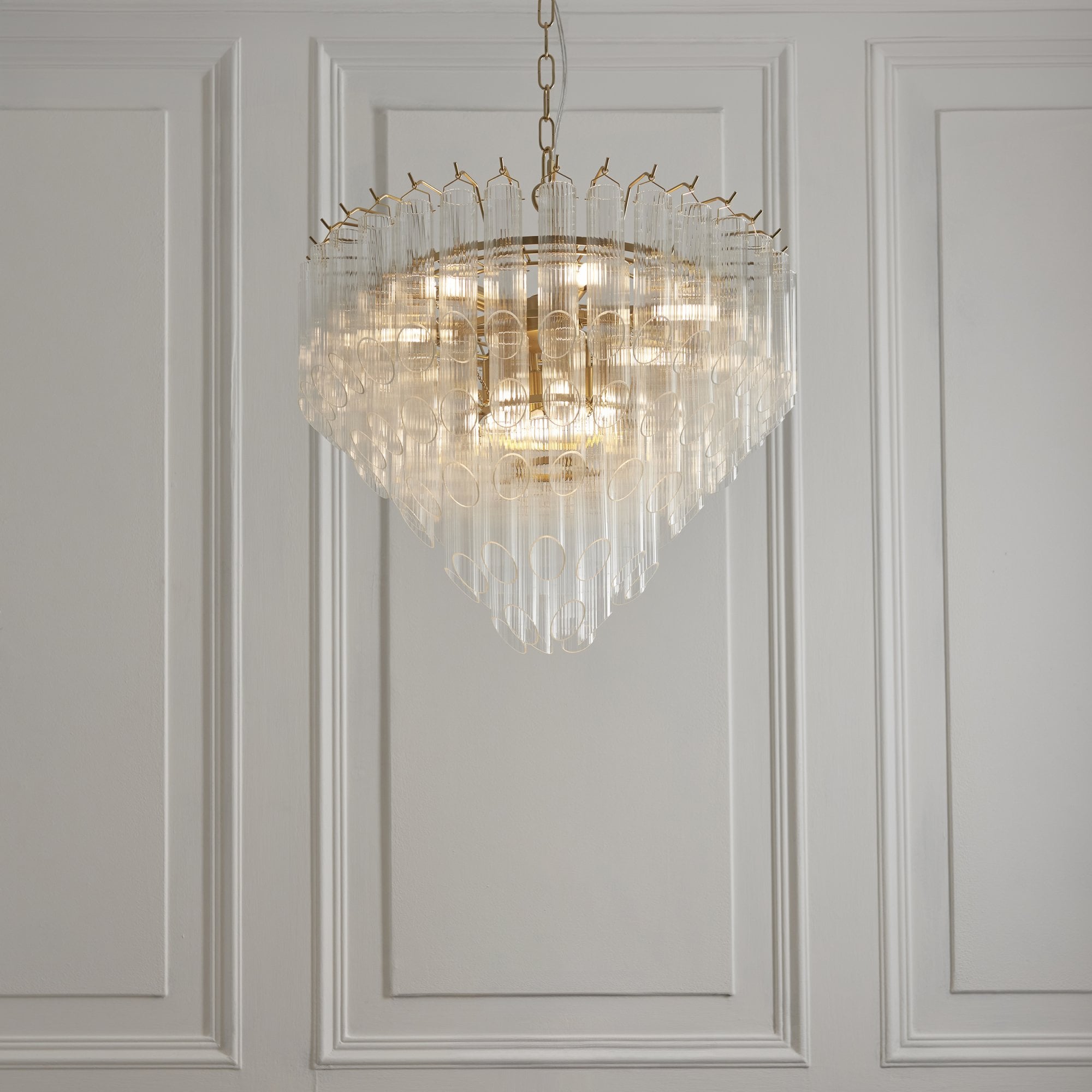Endon Toulouse 12 Light Pendant - Satin Brass Plate & Clear Ribbed Glass - Angled Edge
