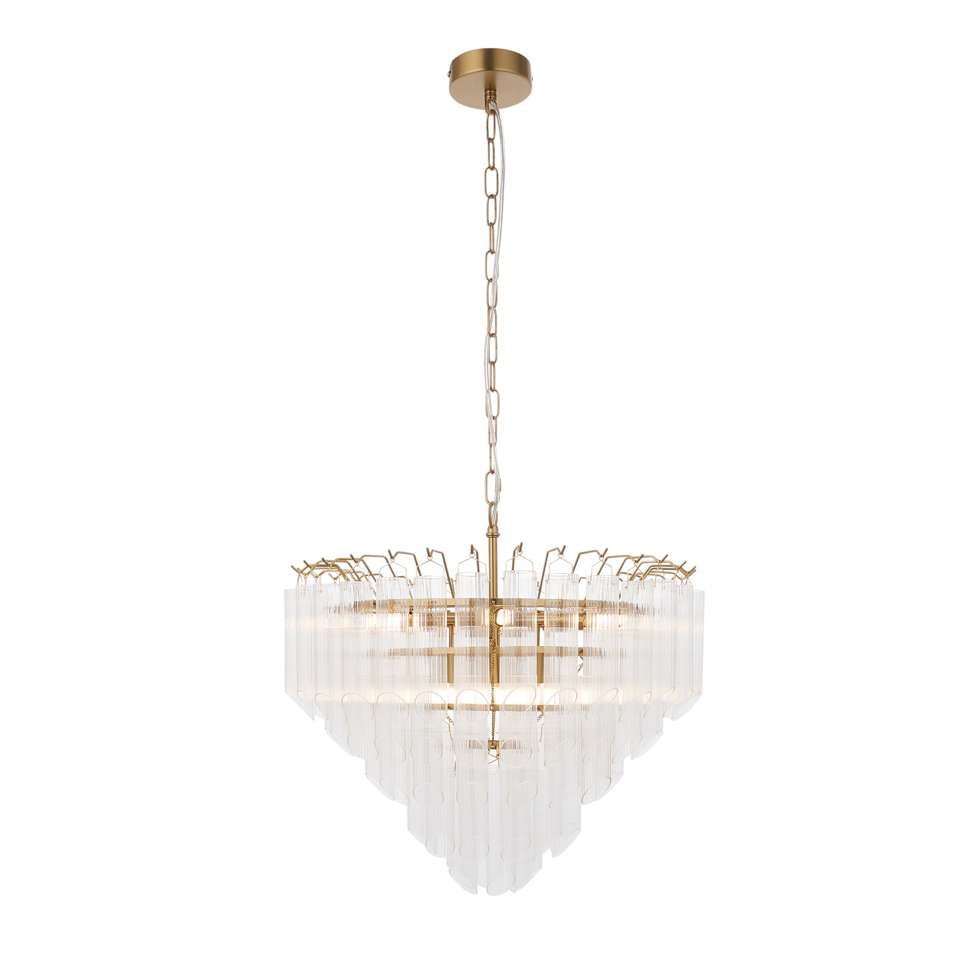 Endon Toulouse 12 Light Pendant - Satin Brass Plate & Clear Ribbed Glass - Angled Edge