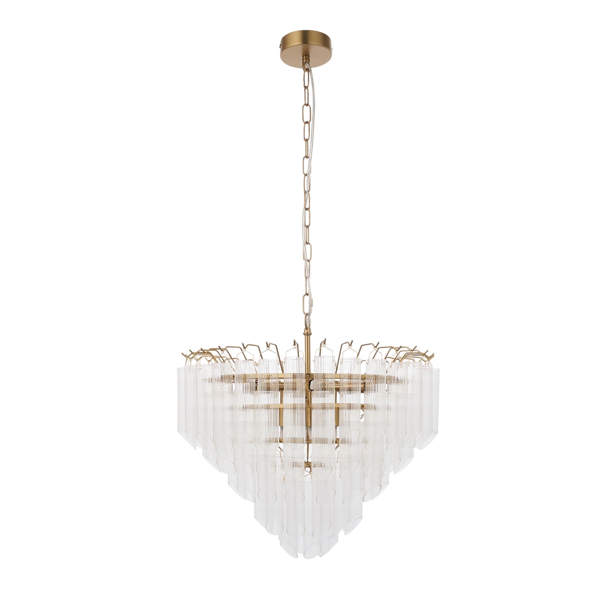 Endon Toulouse 12 Light Pendant - Satin Brass Plate & Clear Ribbed Glass - Angled Edge