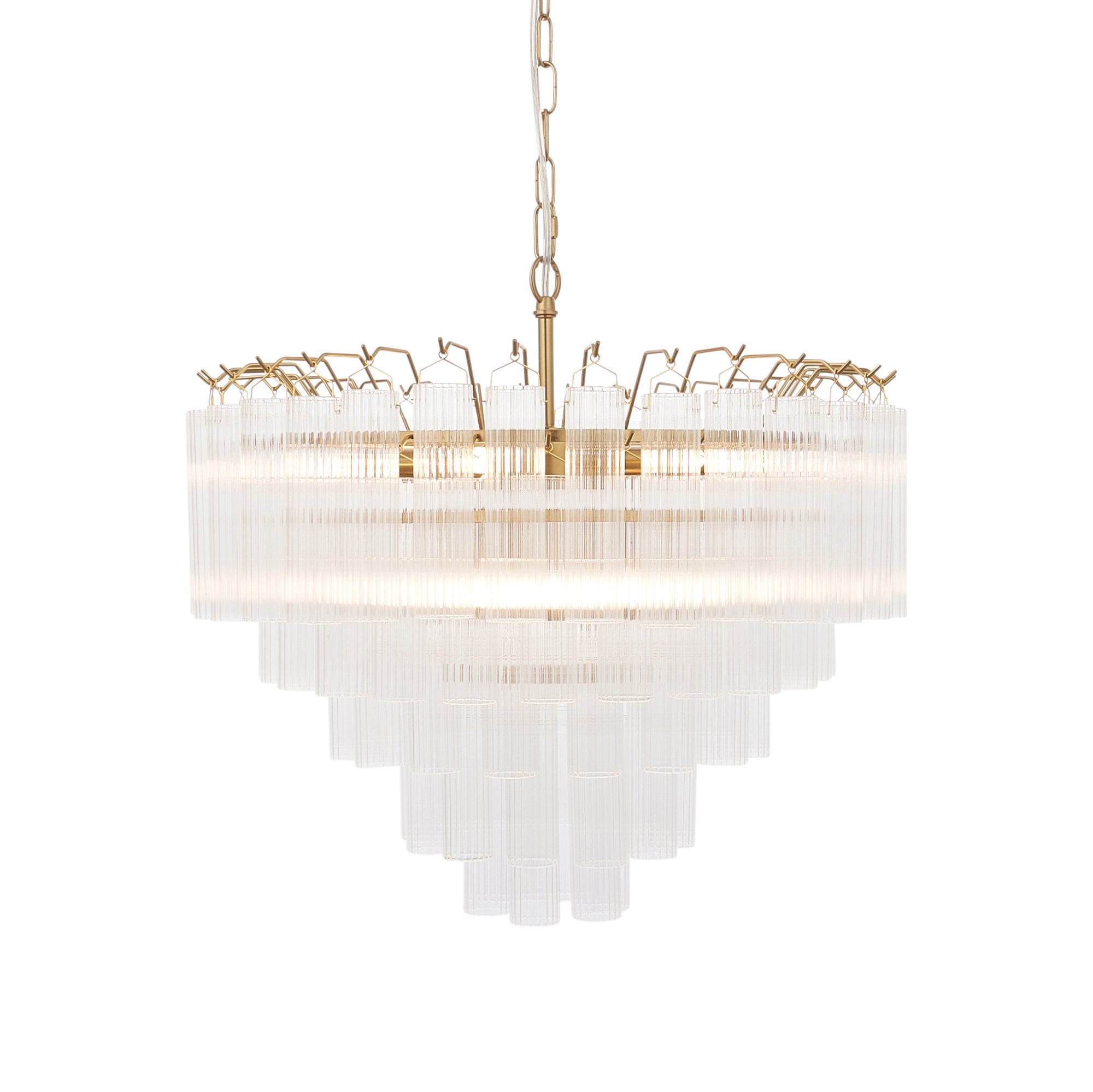 Endon Toulouse 12 Light Pendant - Satin Brass Plate & Clear Ribbed Glass - Flat Edge