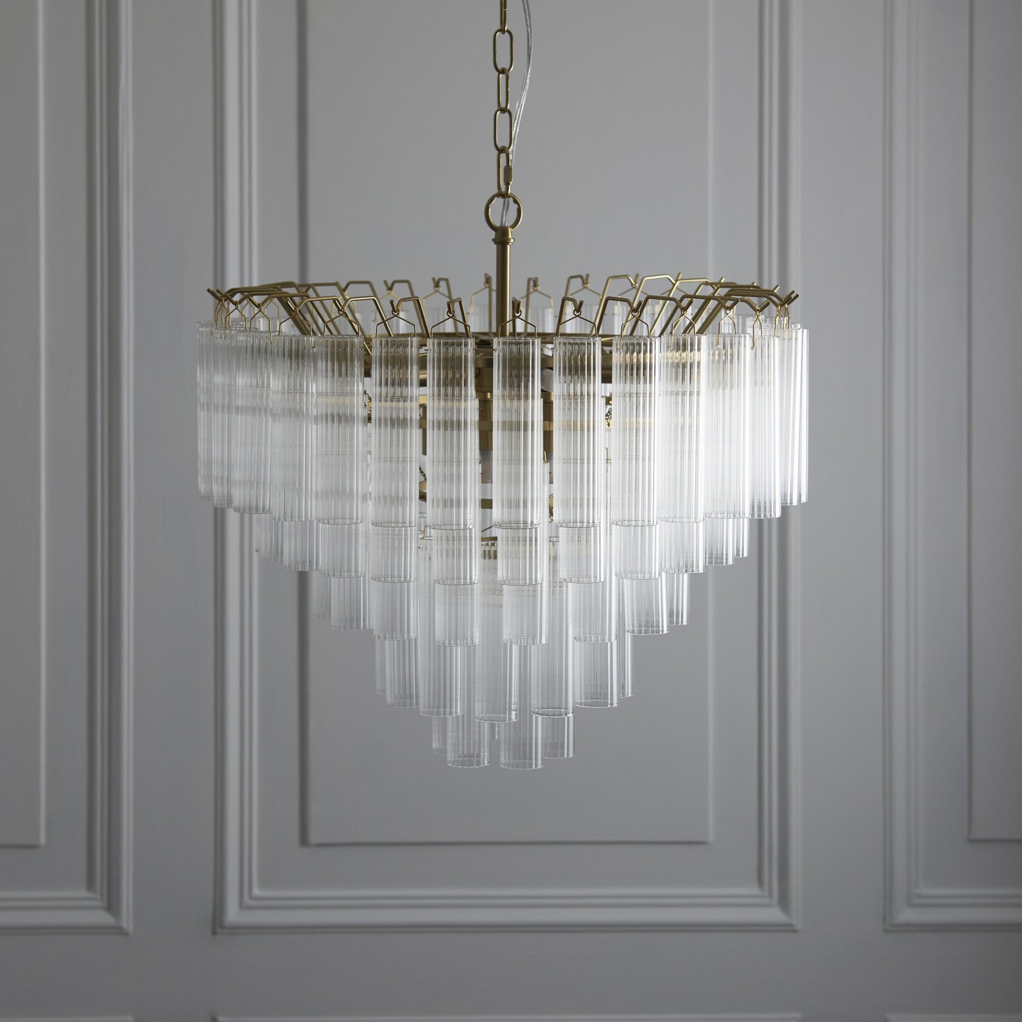 Endon Toulouse 12 Light Pendant - Satin Brass Plate & Clear Ribbed Glass - Flat Edge