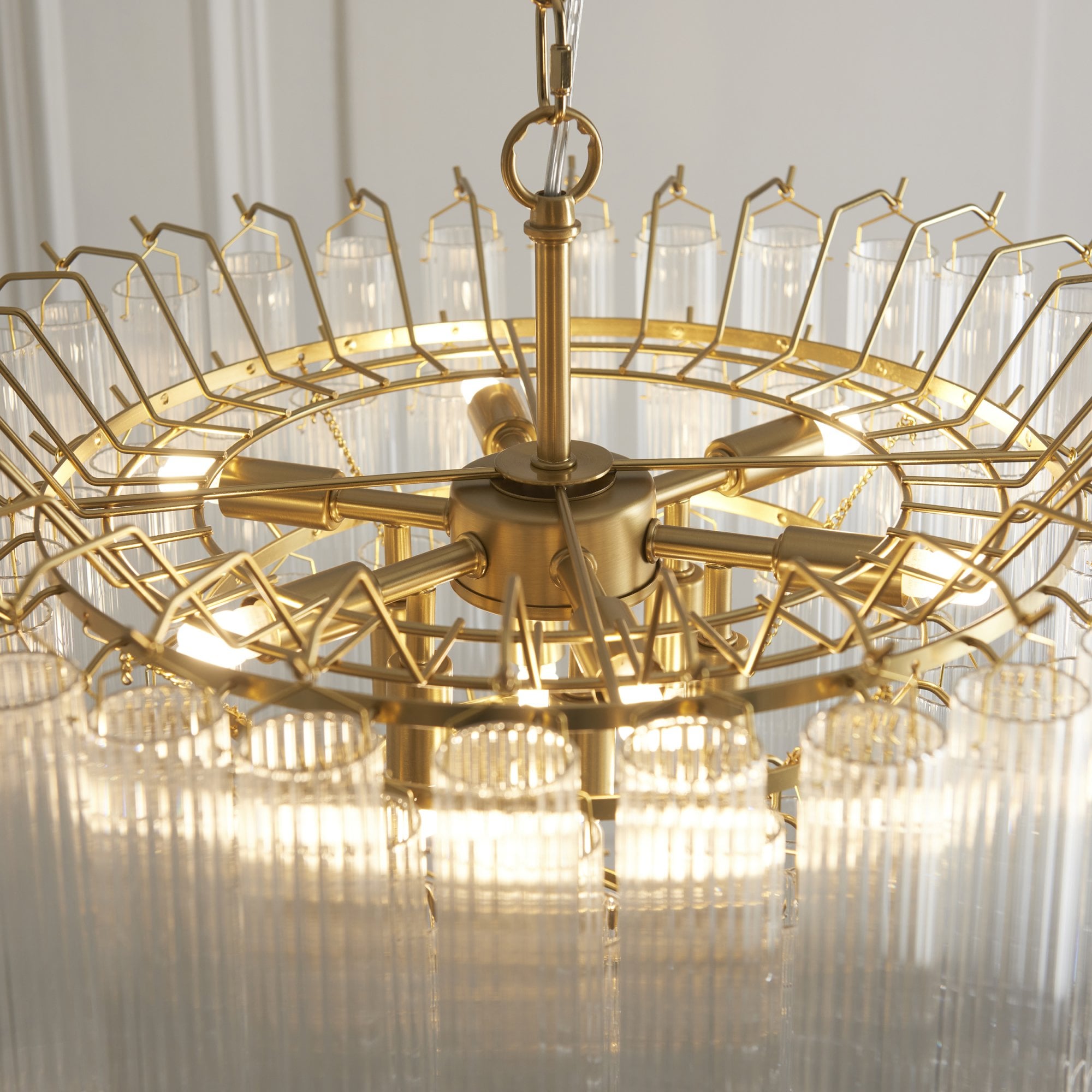 Endon Toulouse 12 Light Pendant - Satin Brass Plate & Clear Ribbed Glass - Flat Edge